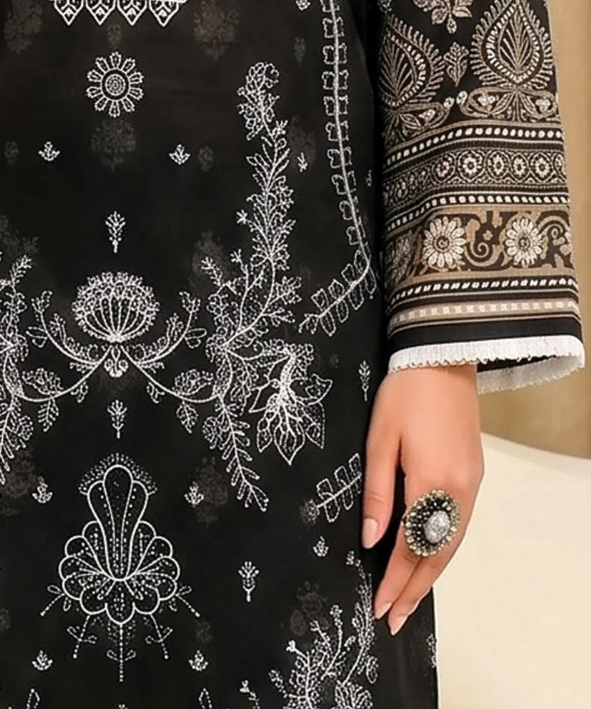 Aaria Black Embroidered Unstitched Suit Embroidery Detail
