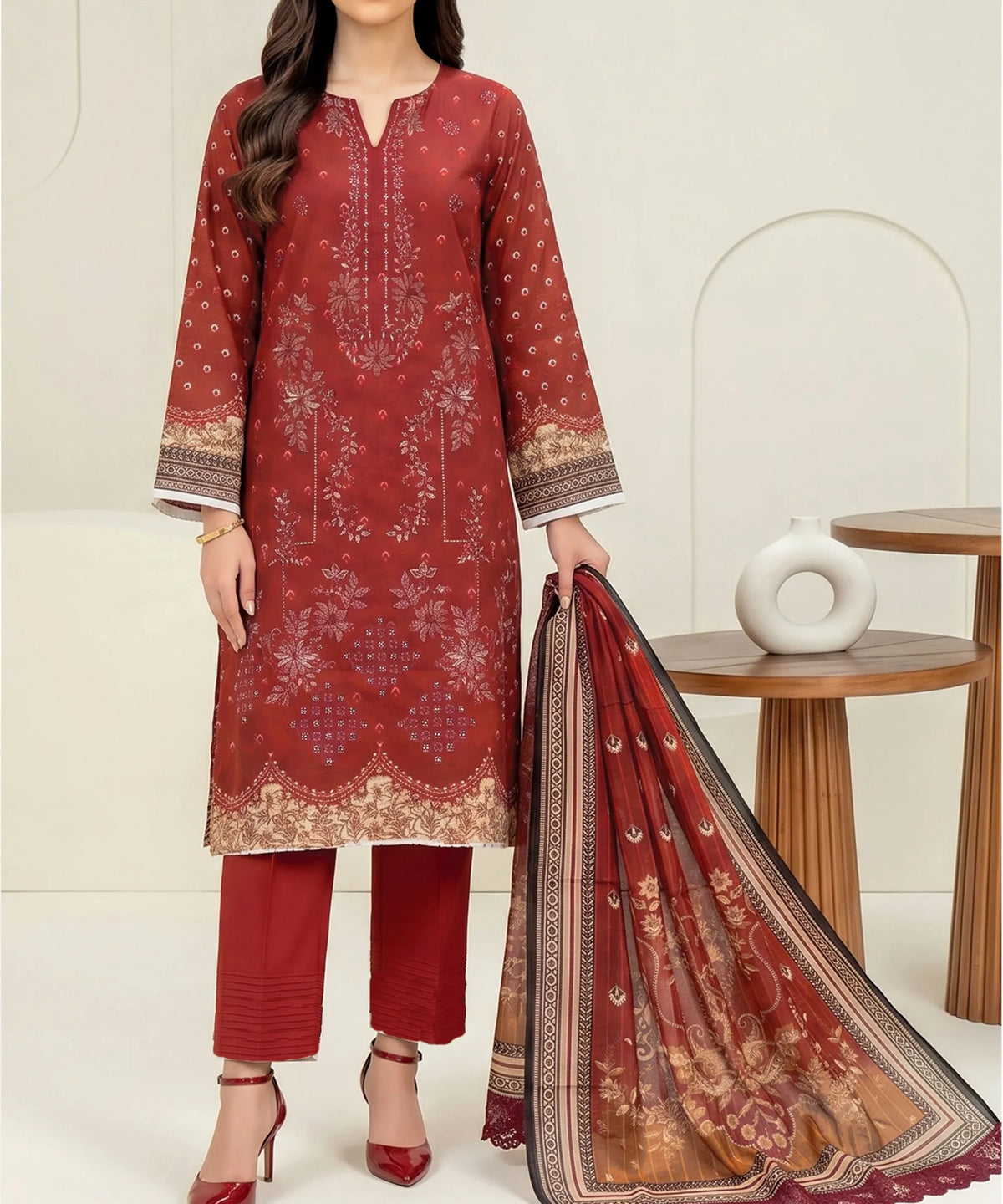 Red Embroidered 3Piece Suit Full View