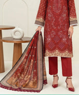 Red Unstitched 3PC Suit Printed Dupatta Design
