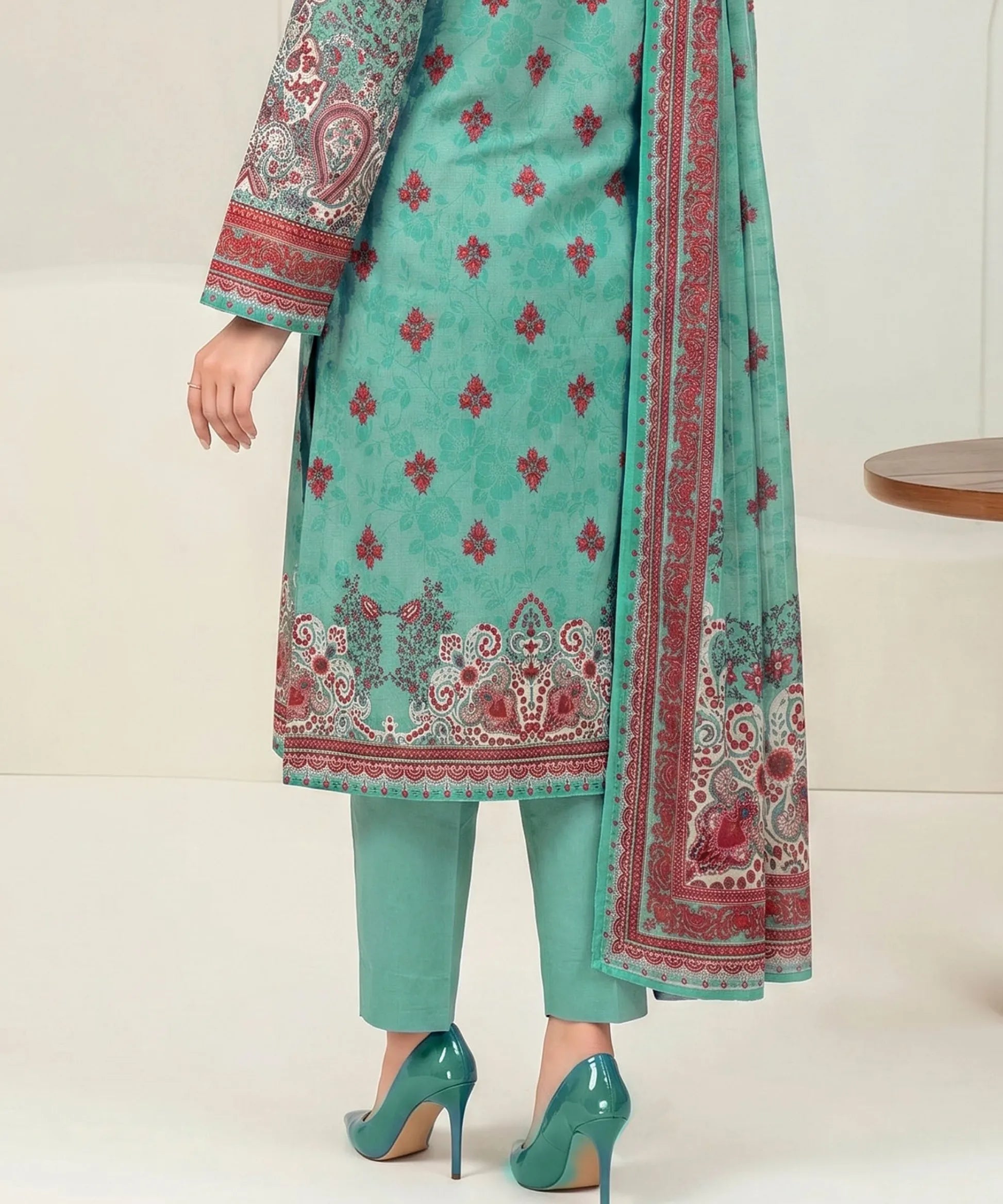 Aaria Teal Embroidered Unstitched Suit Back Design