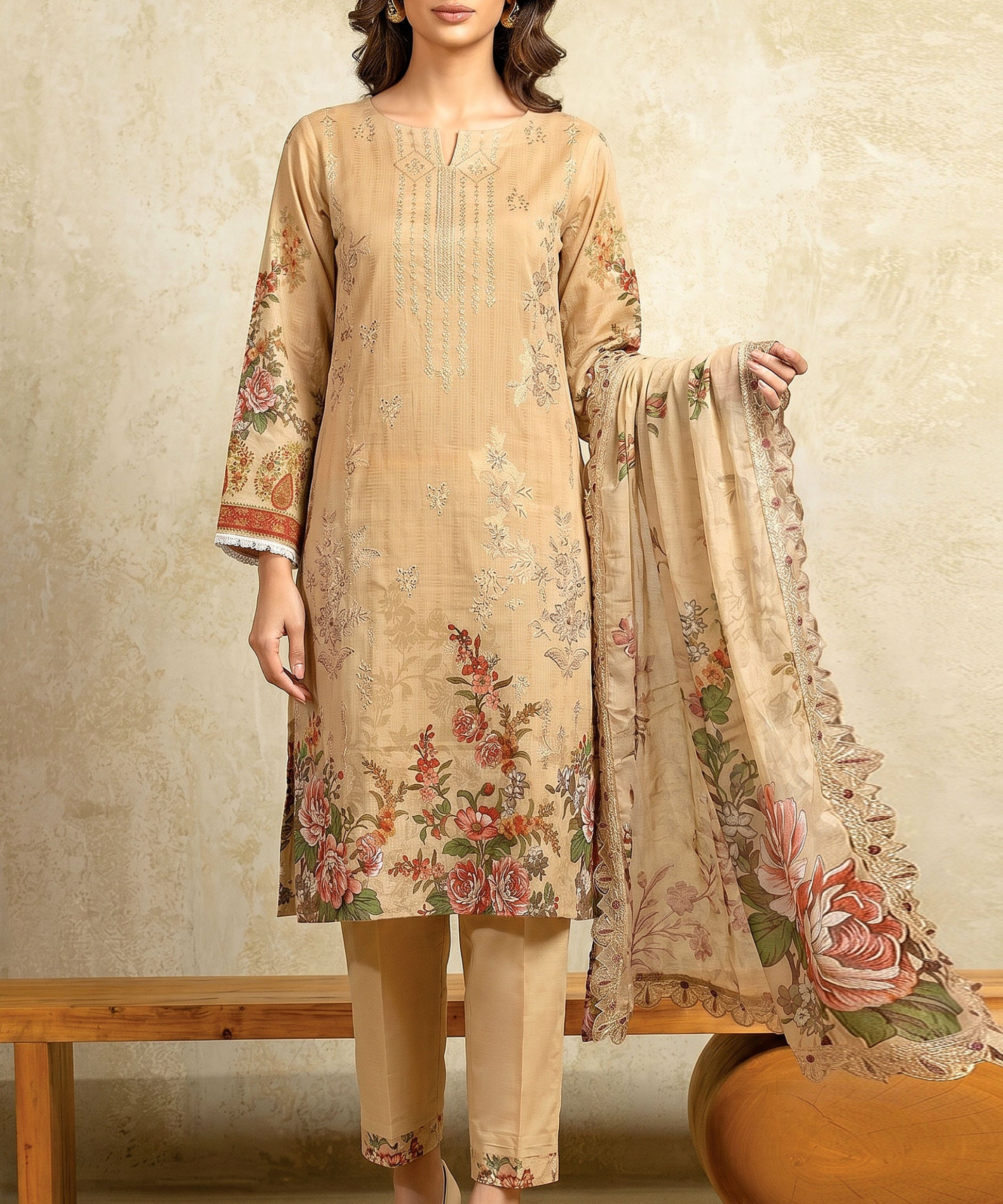 Beige Embroidered 3 Piece Suit Full View