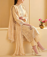 Beige Embroidered Unstitched 3PC Suit Sitting Pose