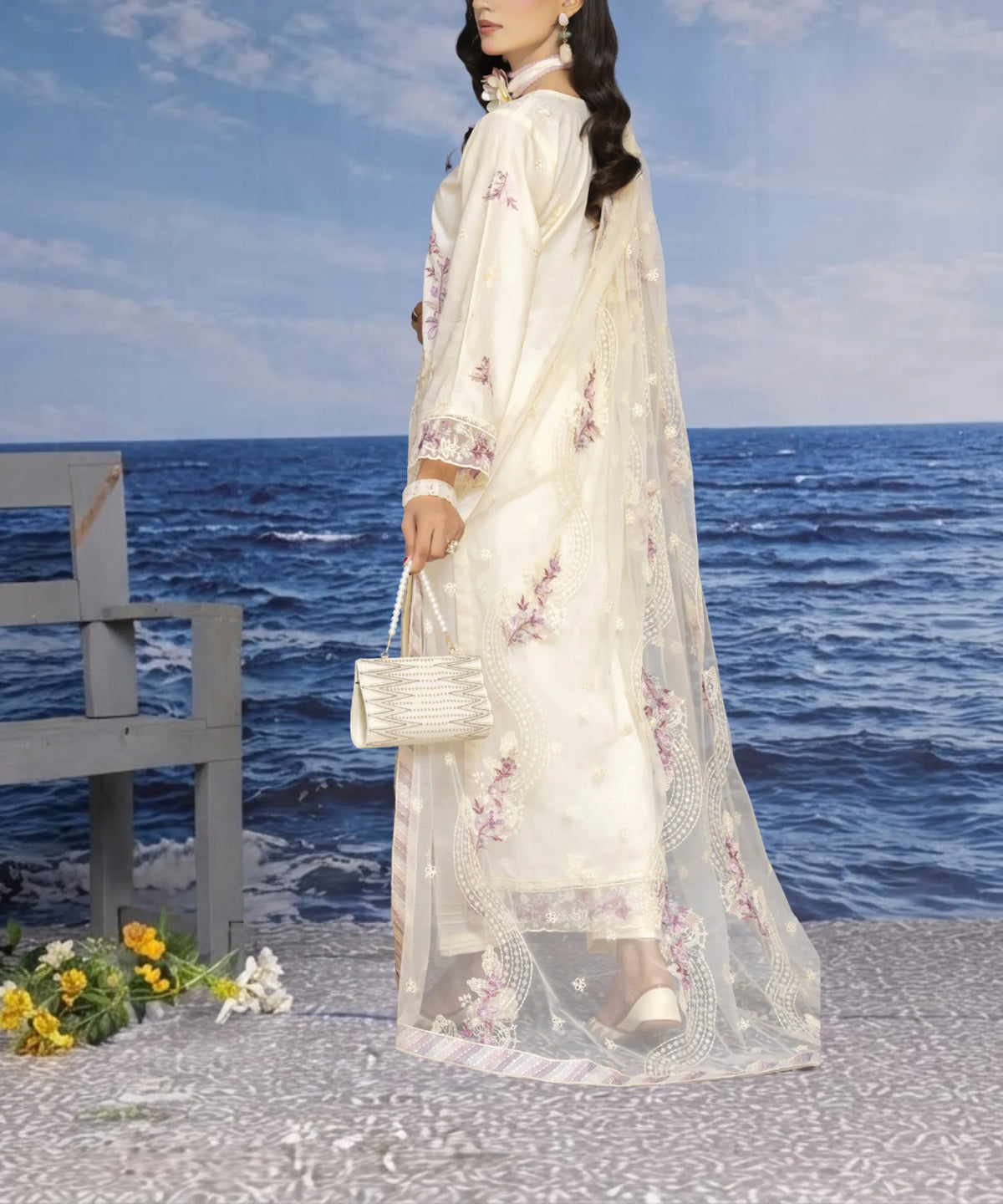 Beige Embroidered Unstitched Suit Back Design