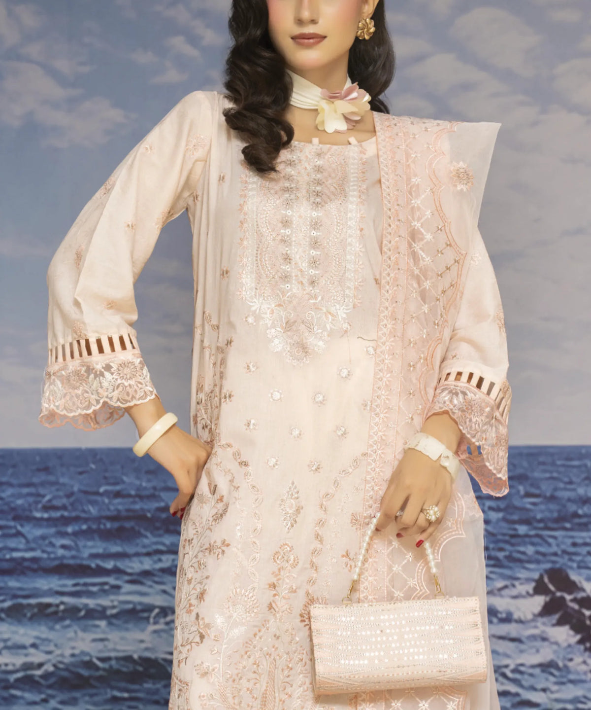 Beige Embroidered Unstitched Suit Neck line Embroidery Detail