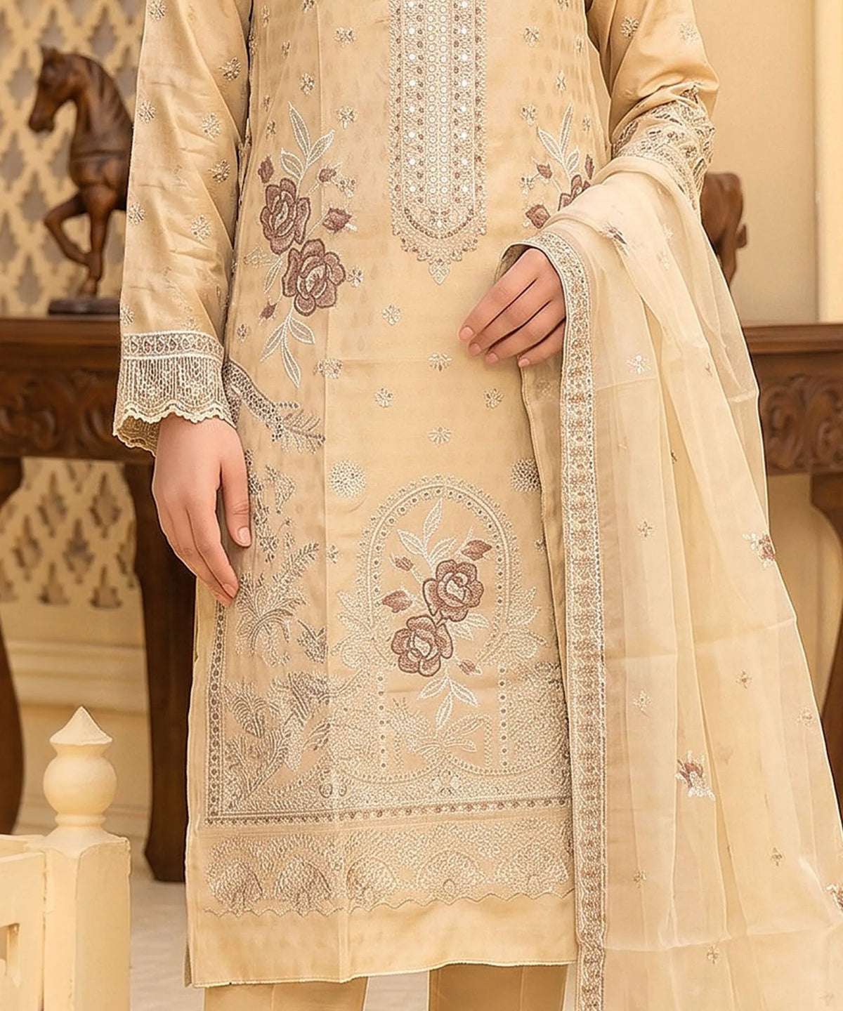 Beige Unstitched 3PC Suit Printed Dupatta Design.