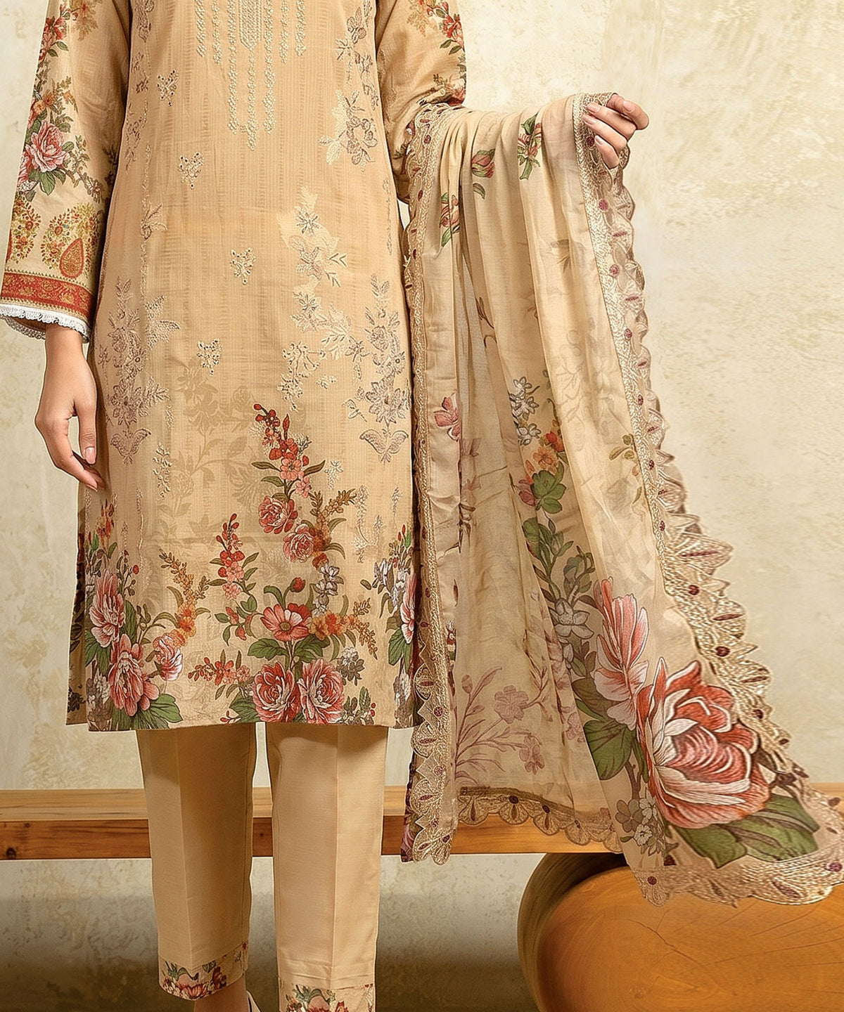 Beige Unstitched 3 PC Suit Printed Dupatta Design