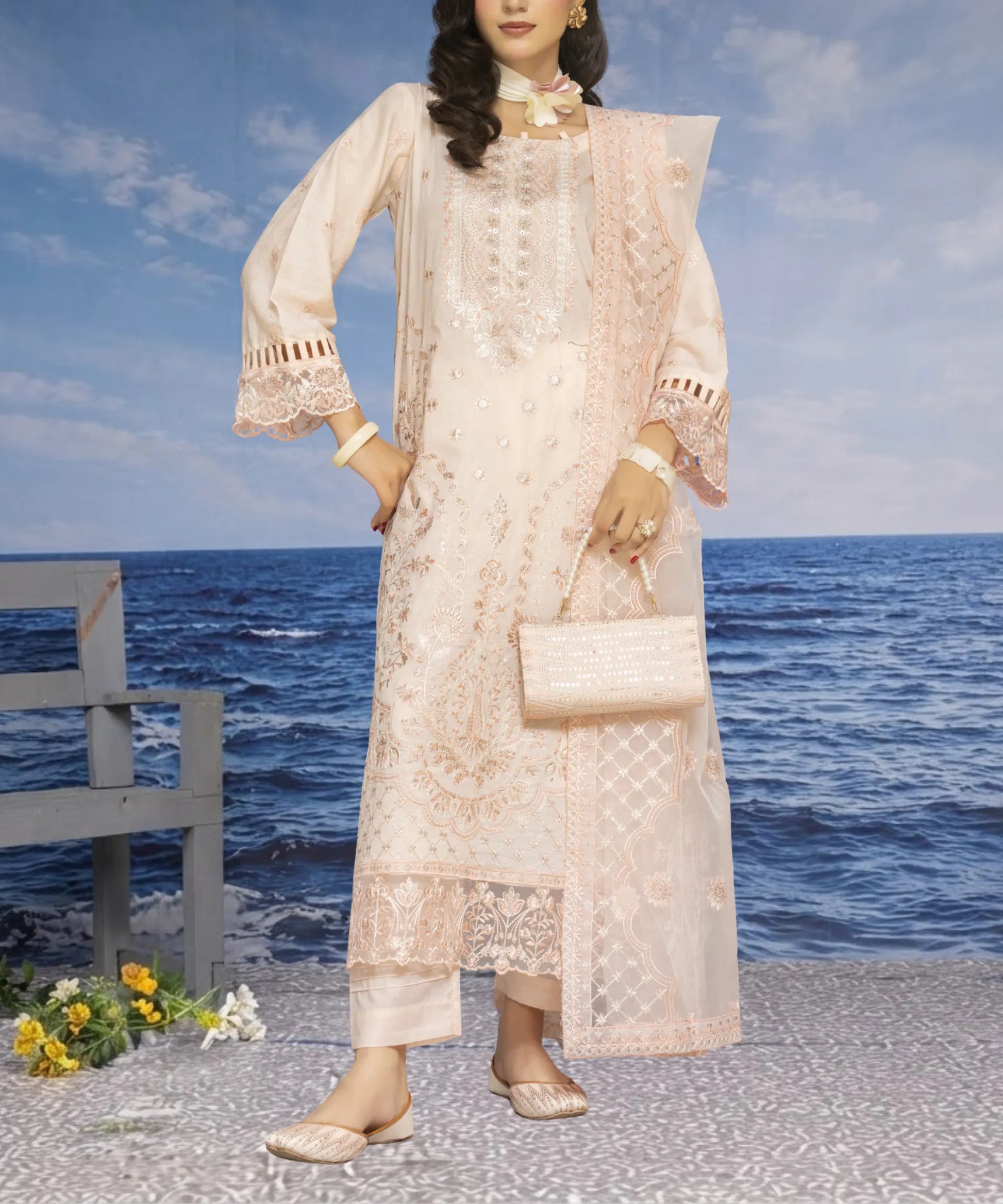 Beige Unstitched Embroidered 3 Piece Suit Full View