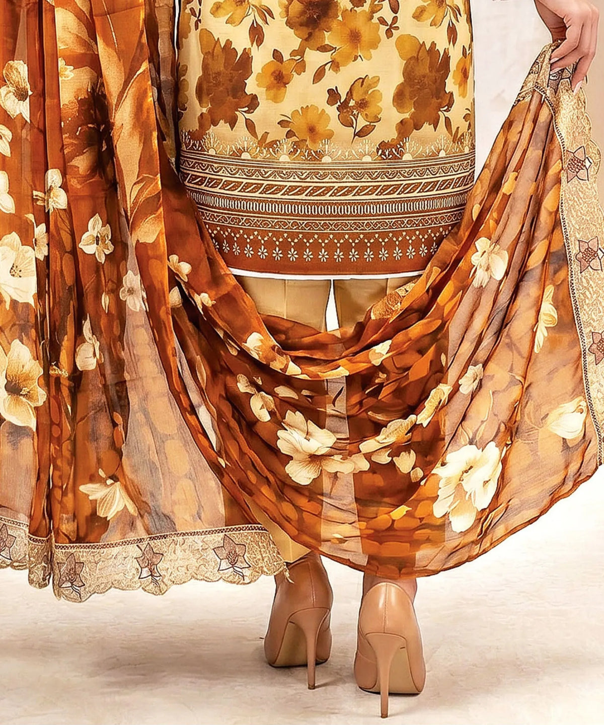 Beige Unstitched 3PC Suit Printed Dupatta Design
