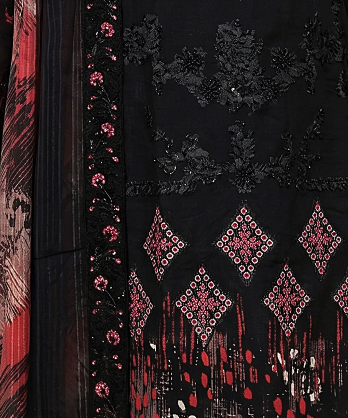 Black Embroidered Unstitched Suit Embroidery Detail