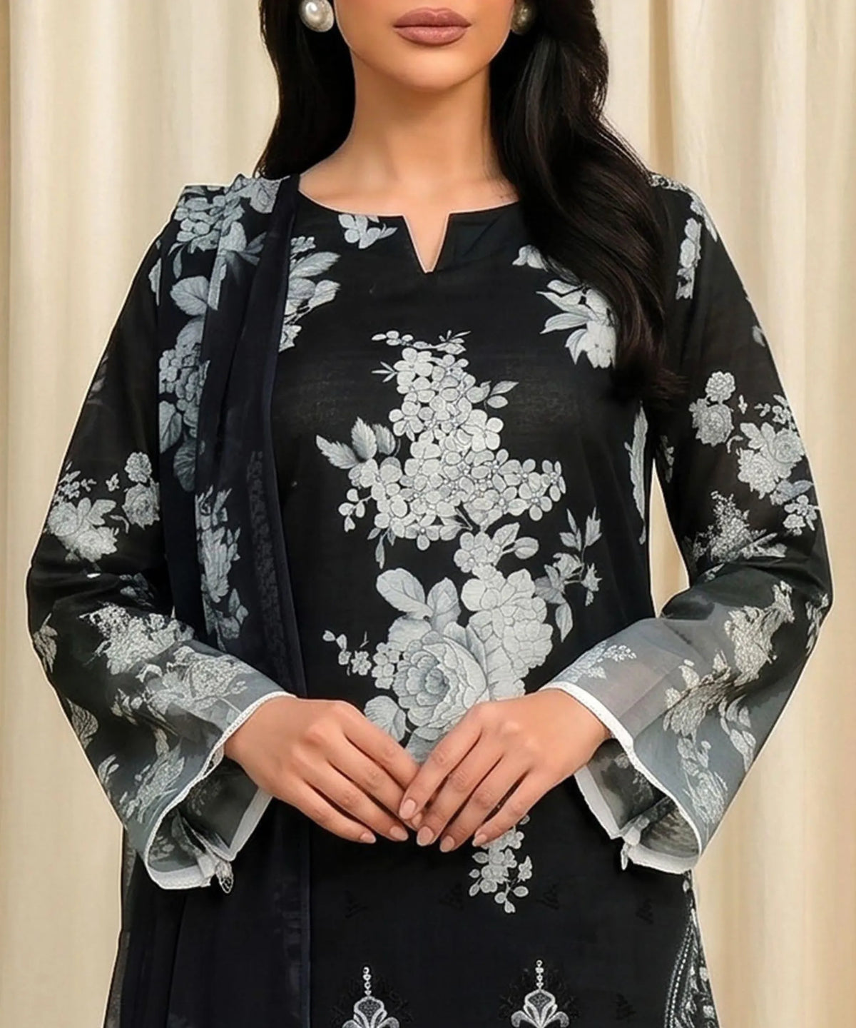 Black Unstitched 3PC Suit Dupatta Pattern Detail