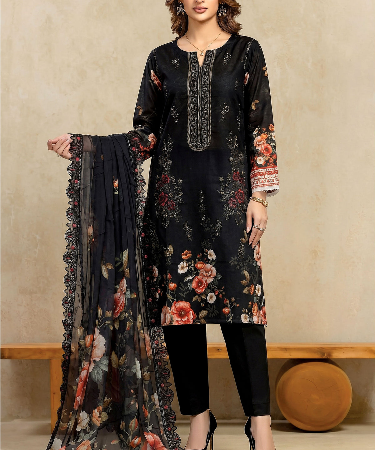 Black Unstitched Embroidered 3 Piece Suit