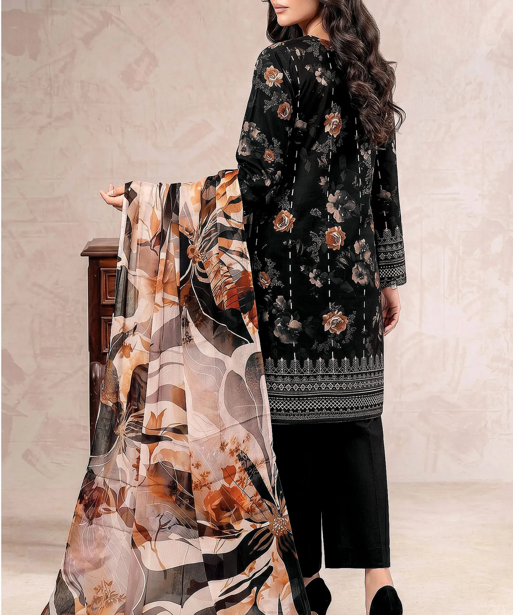 Black Embroidered Unstitched Suit Back Design