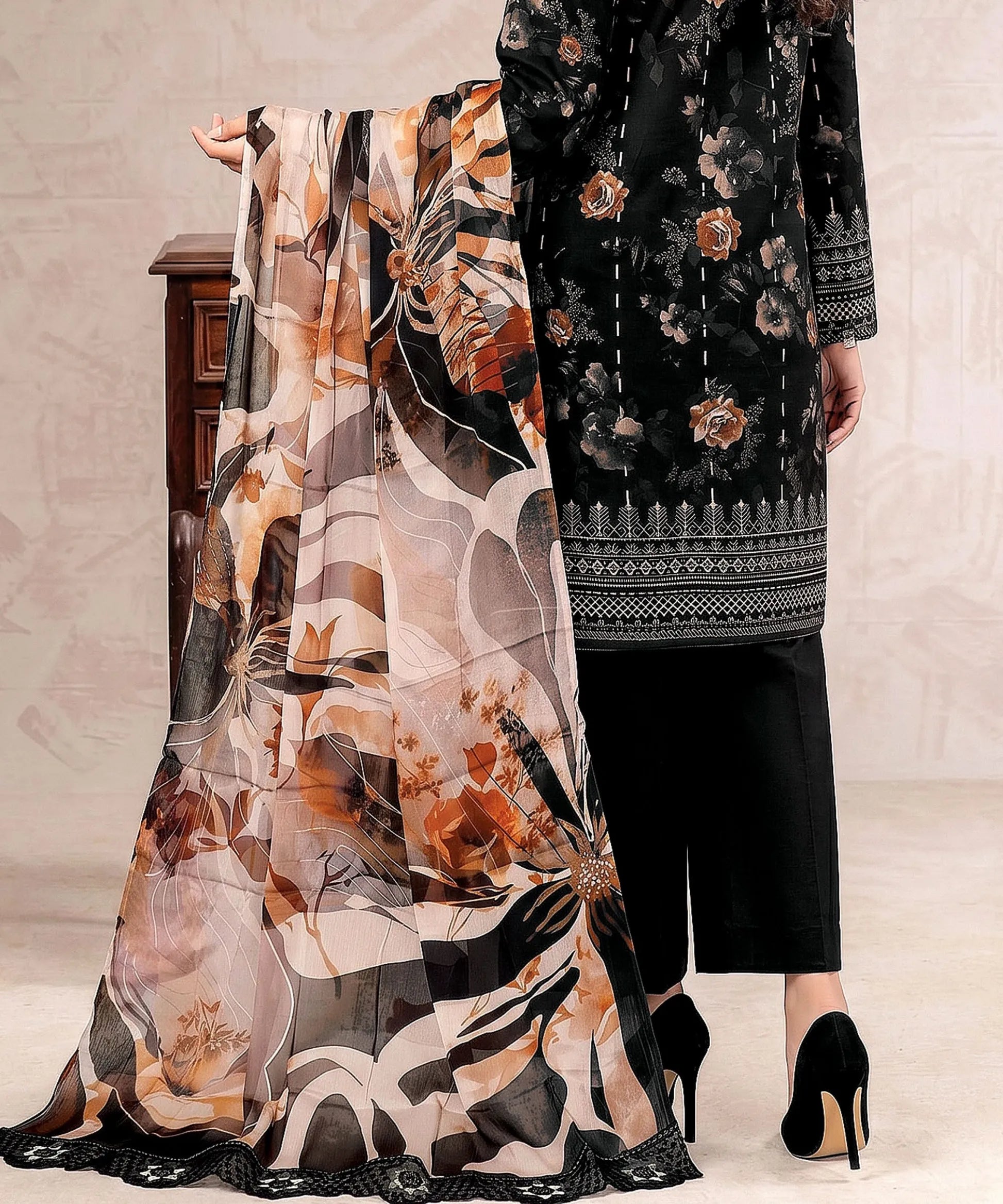 Black Unstitched 3PC Suit Printed Dupatta Design