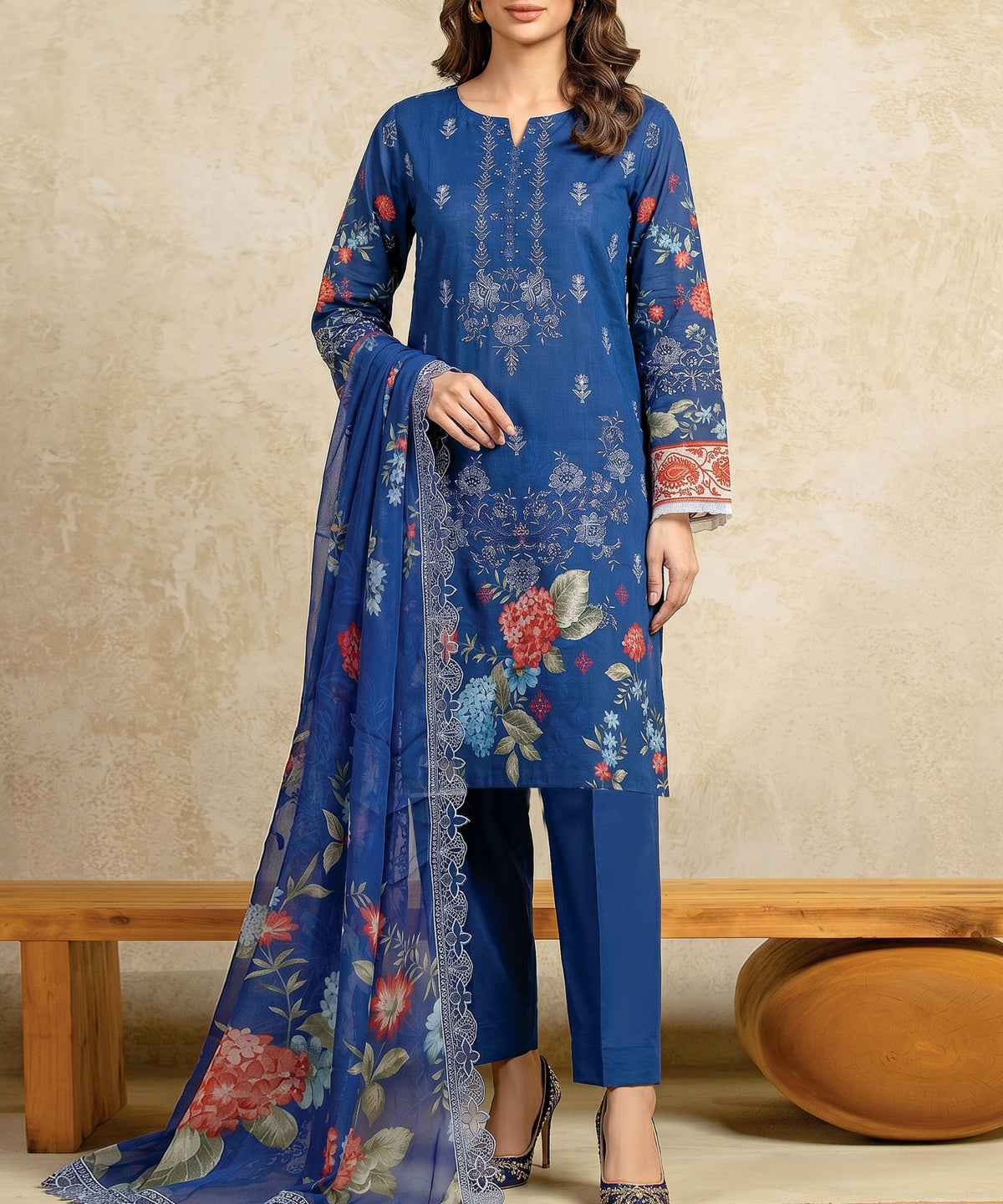 Blue Embroidered 3 Piece Suit Full Pattern