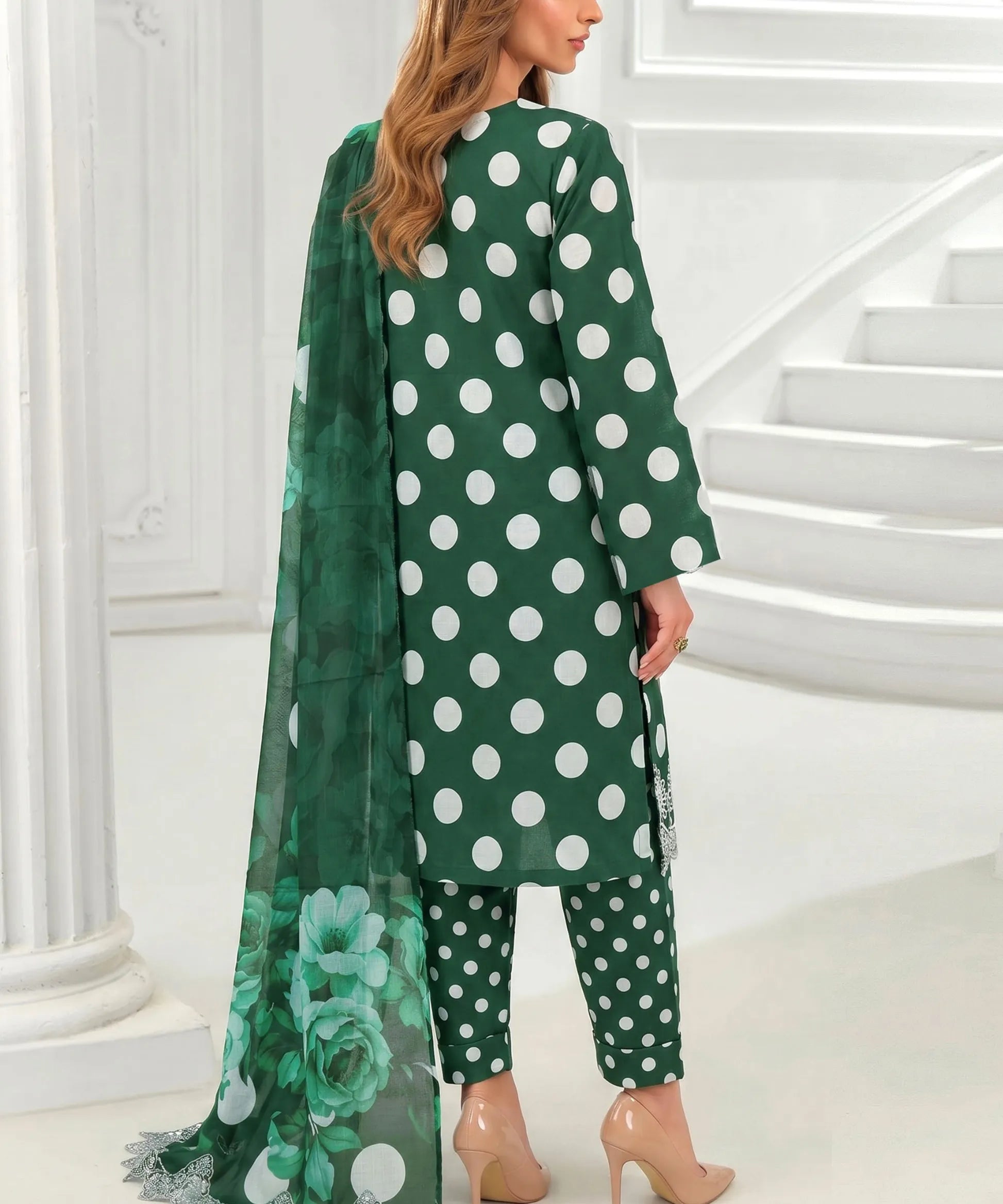 Bottle Green Embroidered Unstitched Suit Back Design