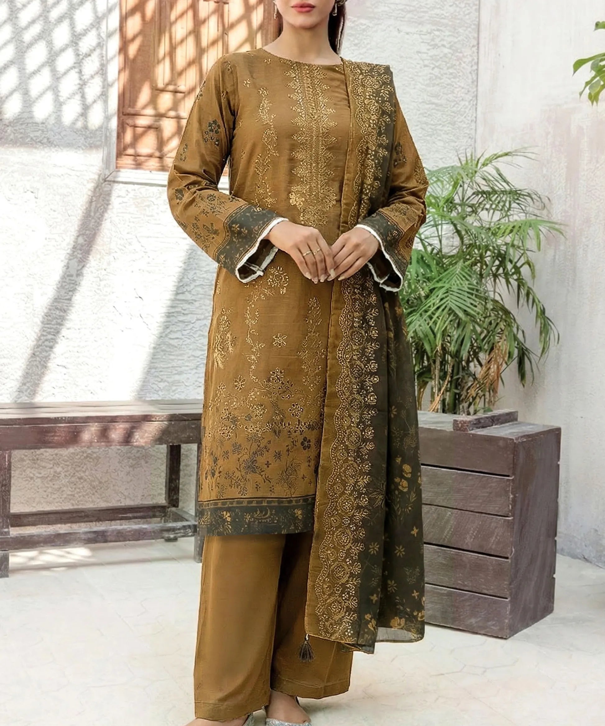 Brown Embroidered 3 Piece Suit Full View