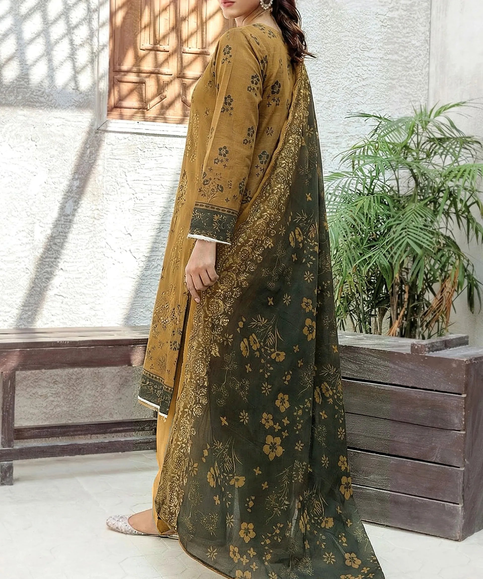 Brown Embroidered Unstitched Suit Back Design