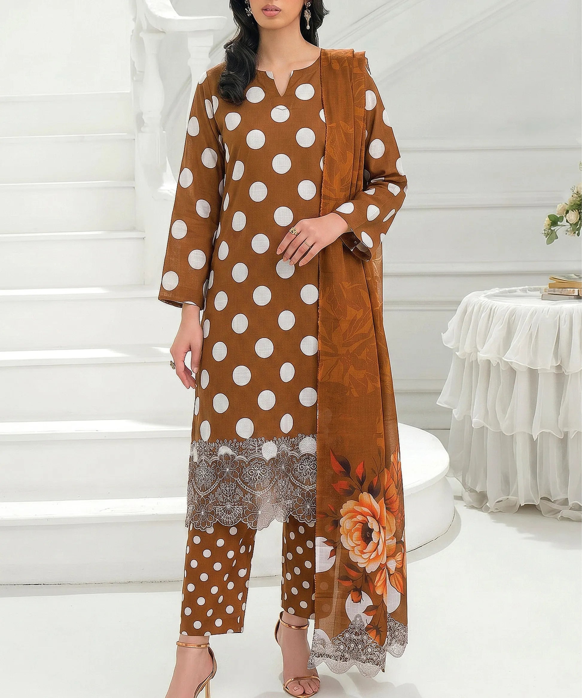 Brown Embroidered 3Piece Suit Full View