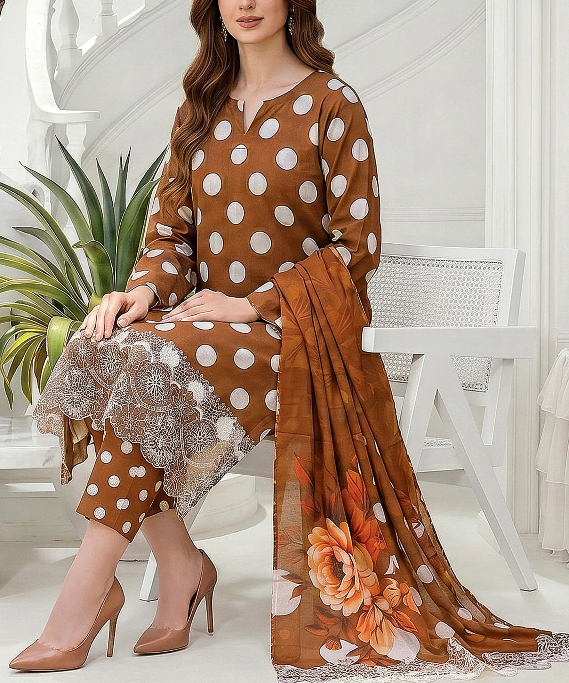 Brown Embroidered Unstitched Suit Sitting Close Up