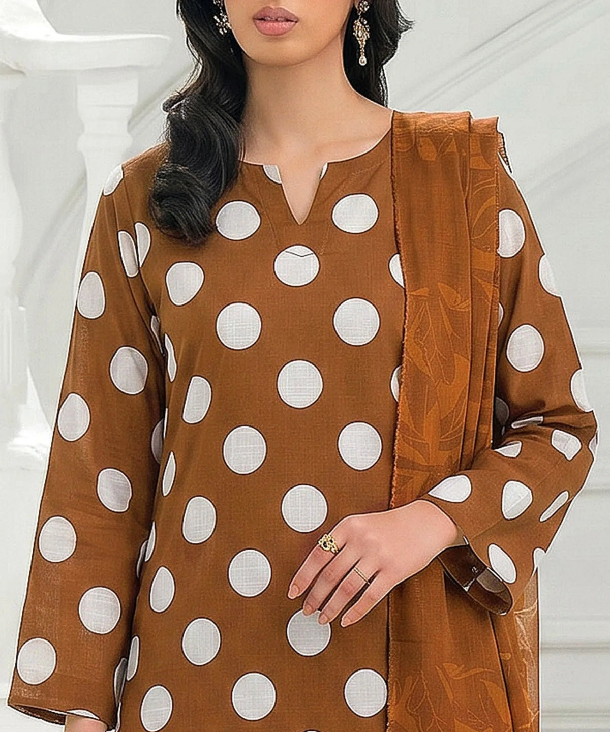 Brown Unstitched 3PC Suit Dupatta Pattern Detail