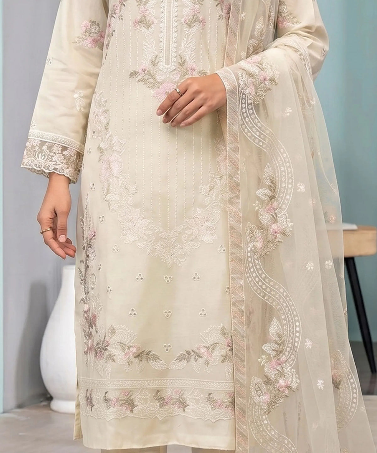 Cream Beige Embroidered 3 Piece Suit