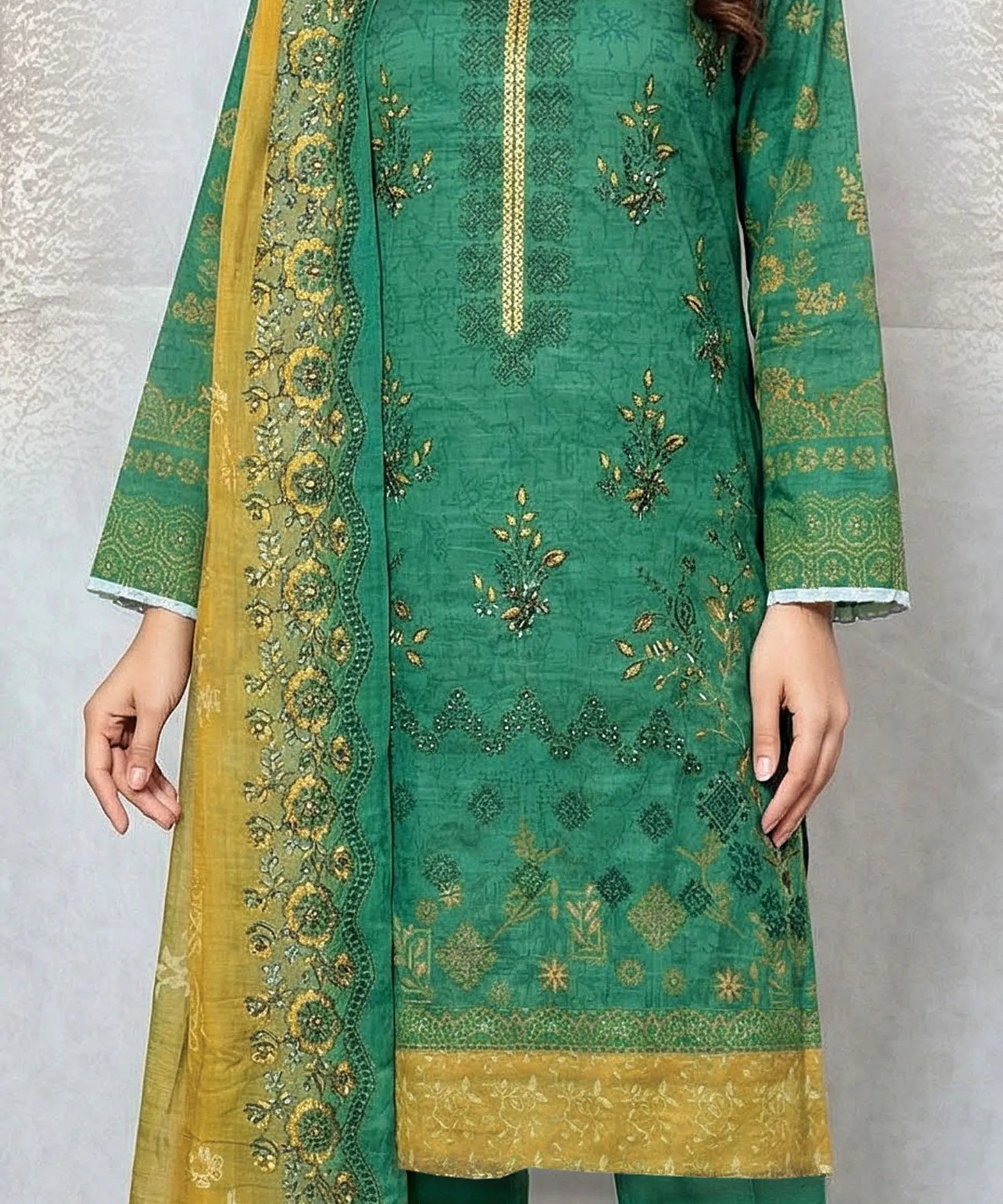 Dark Winter green Embroidered Unstitched 3 PC Suit Front View