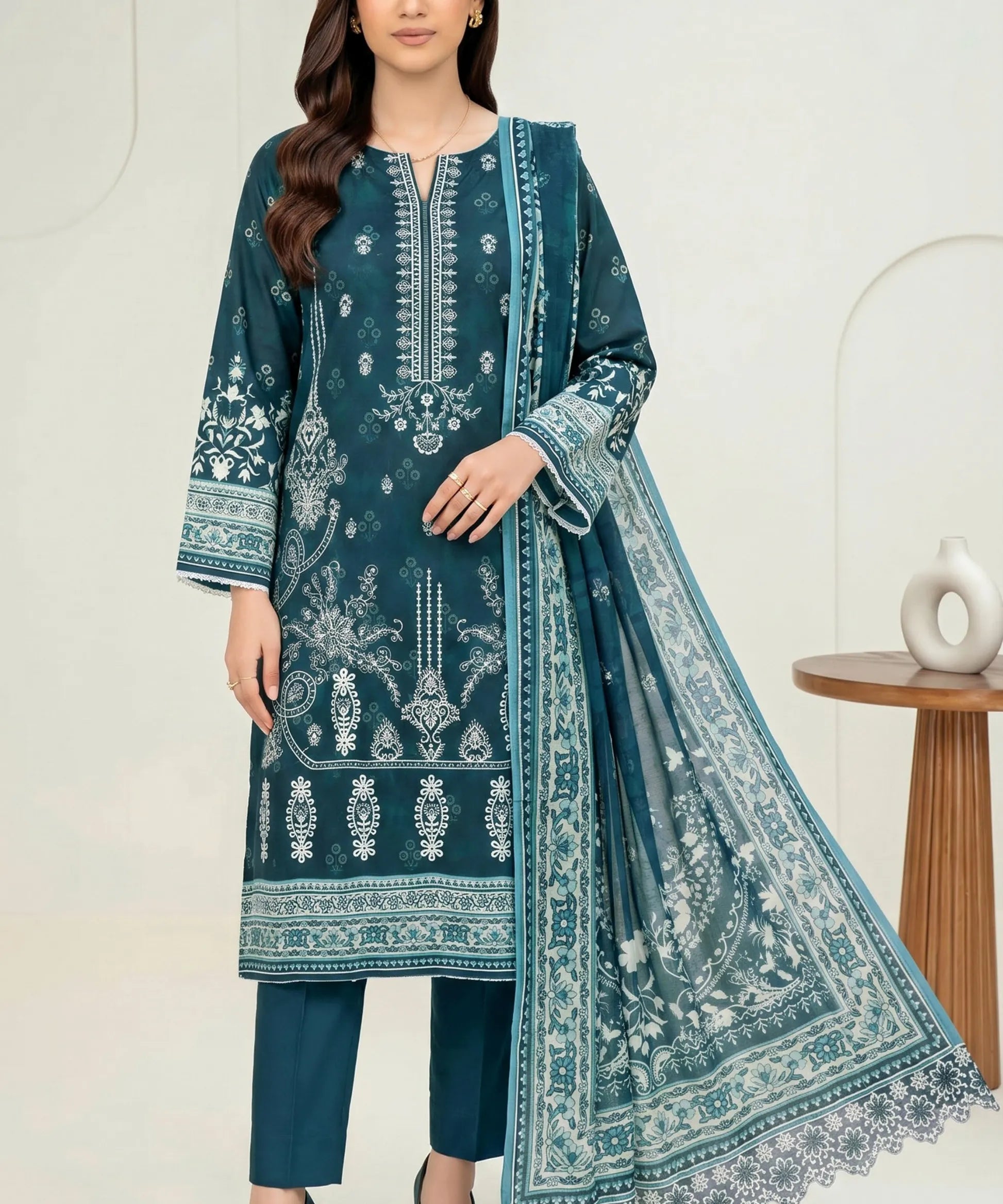 Deep Teal Embroidered 3Piece Suit Full View