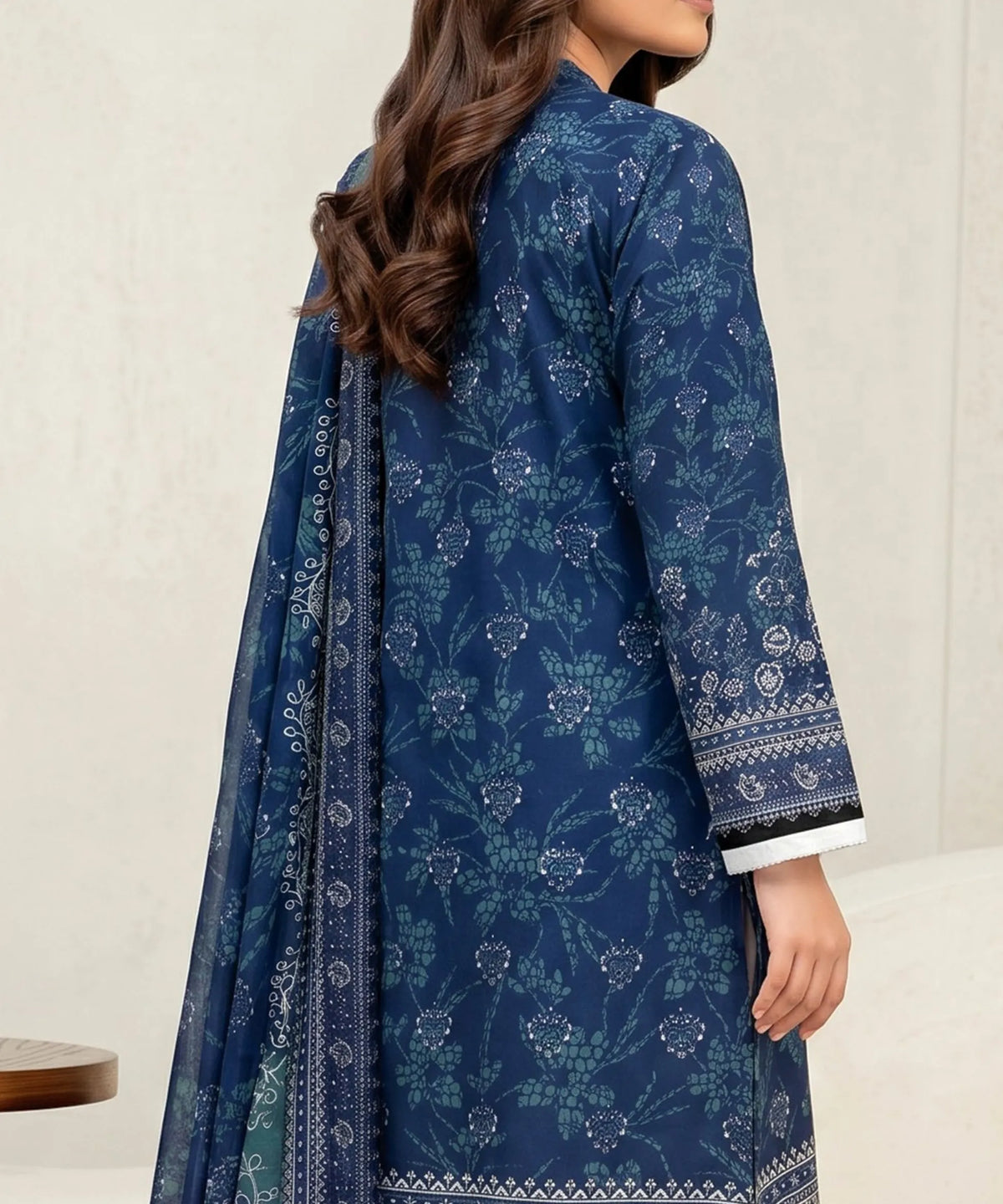 Delft Blue Embroidered Unstitched Suit Back Design