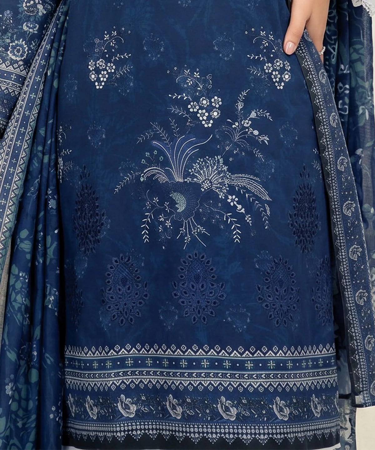 Delft Blue Embroidered Unstitched Suit Embroidery Detail