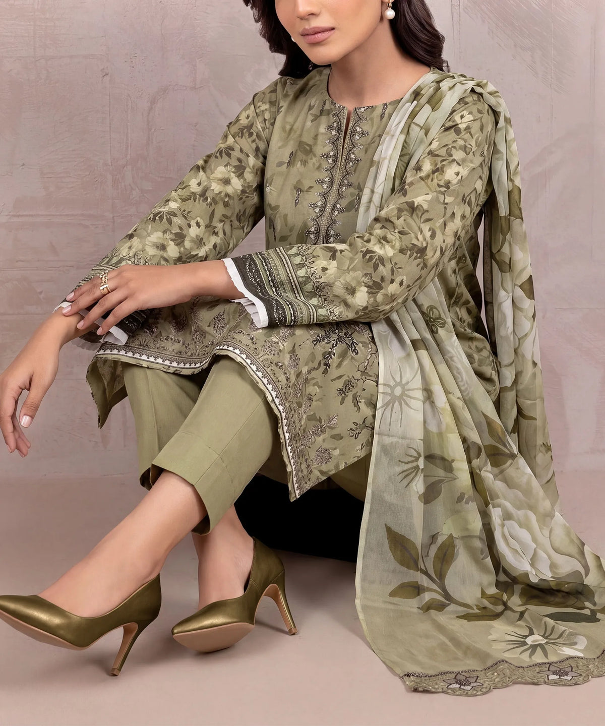 Green Embroidered Unstitched 3PC Suit Sitting Pose