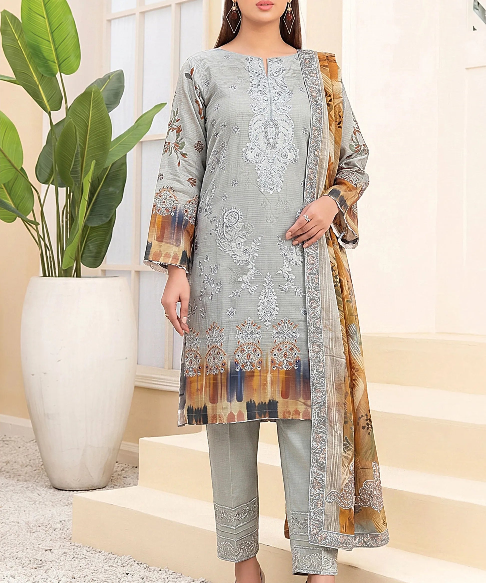 Grey Embroidered 3Piece Suit Full View