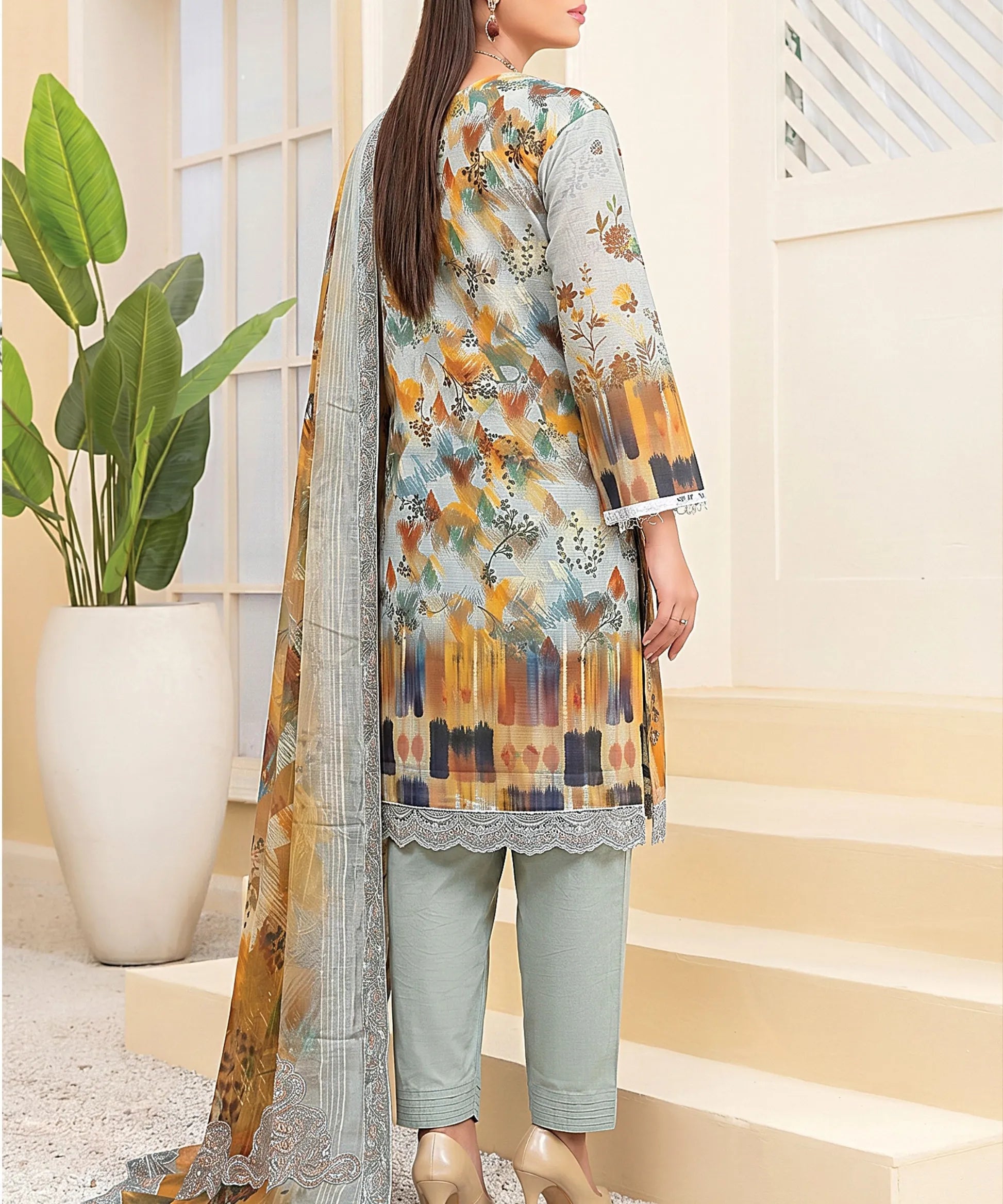 Grey Embroidered Unstitched Suit Back Design