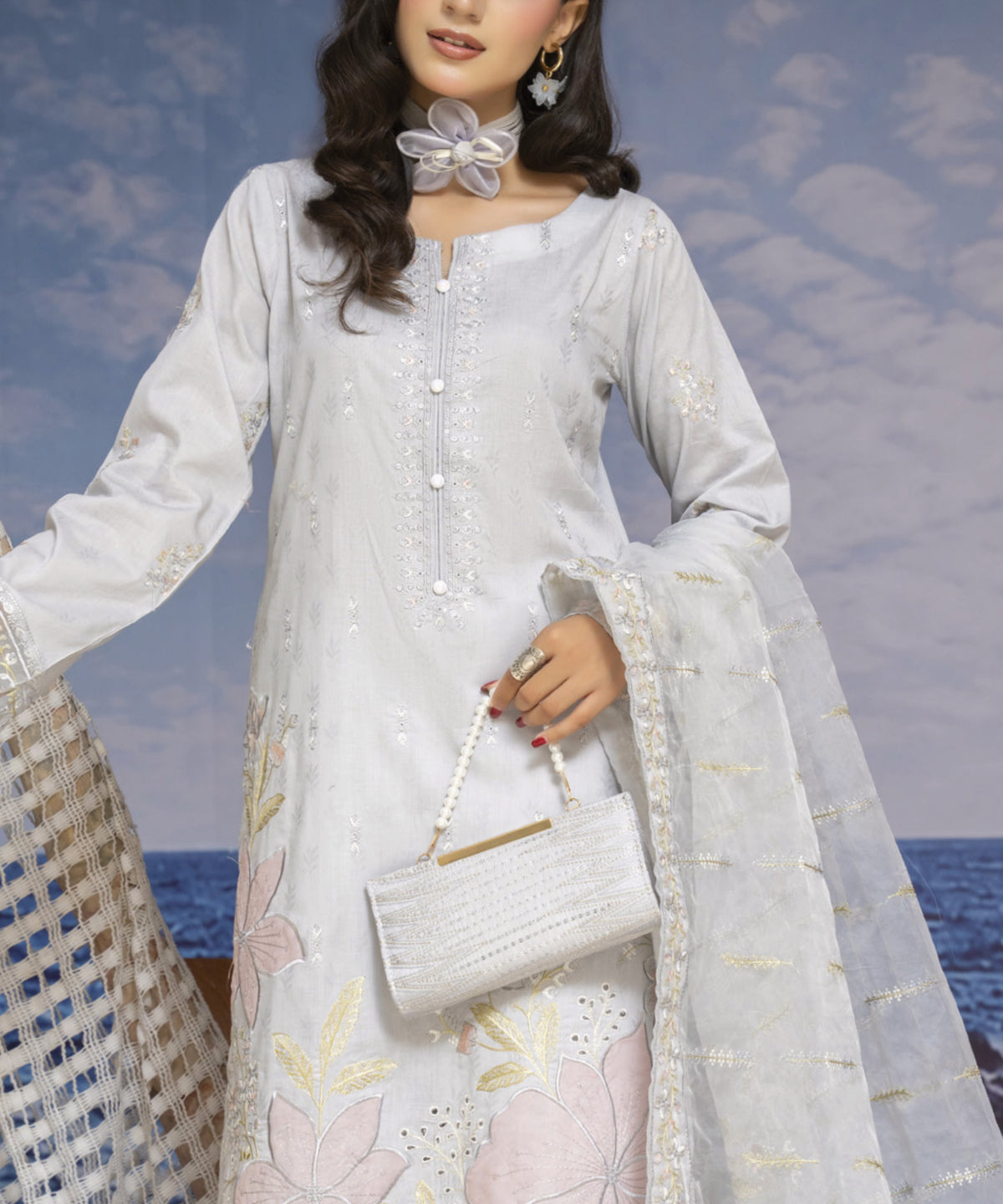 Grey Embroidered Unstitched Suit Embroidery Detail