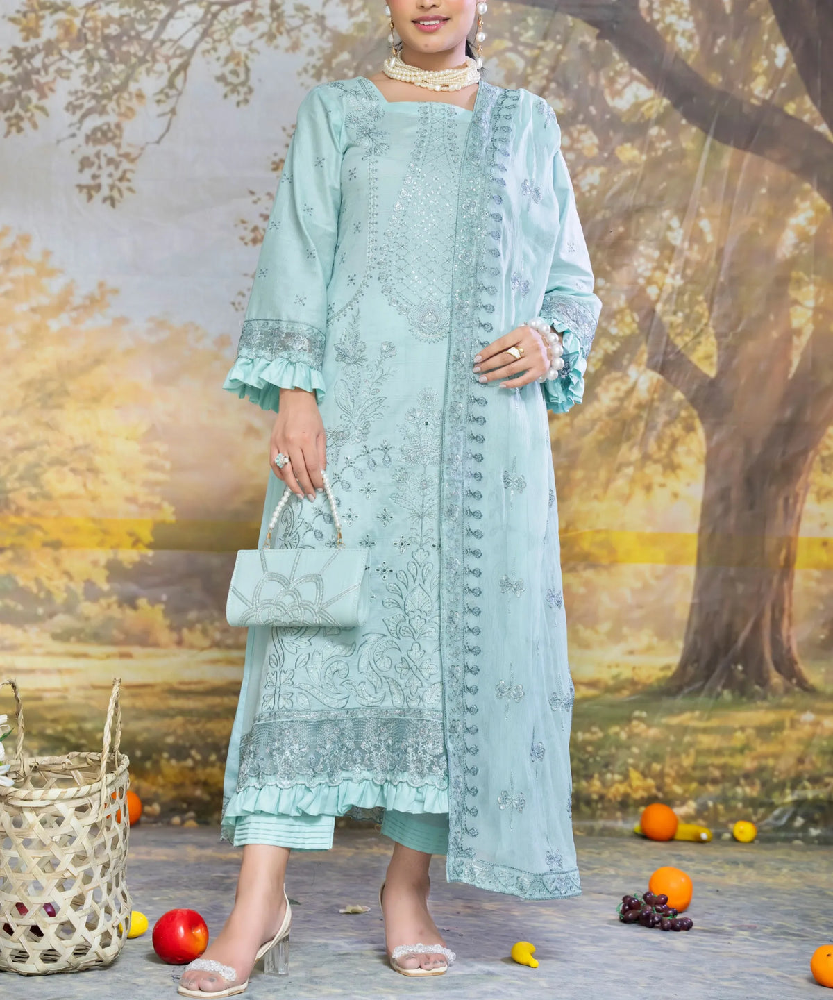 Light Blue Embroidered 3Piece Suit Full View