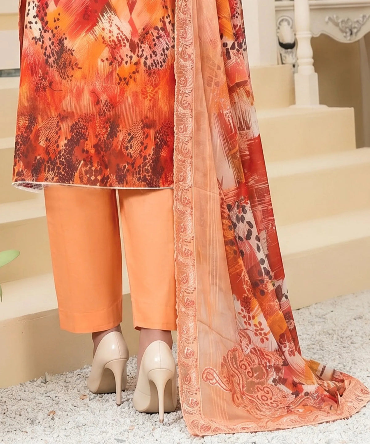 Light Orange Unstitched 3 PC Suit Dupatta Pattern Detail