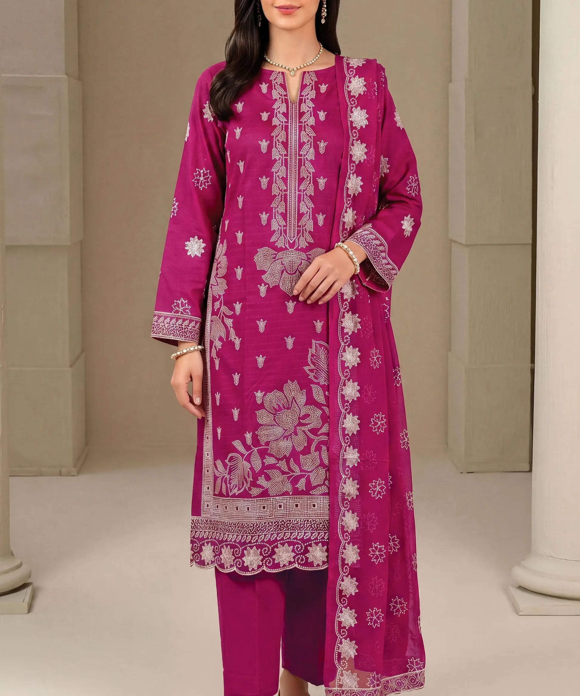 Magenta Embroidered 3Piece Suit Full View