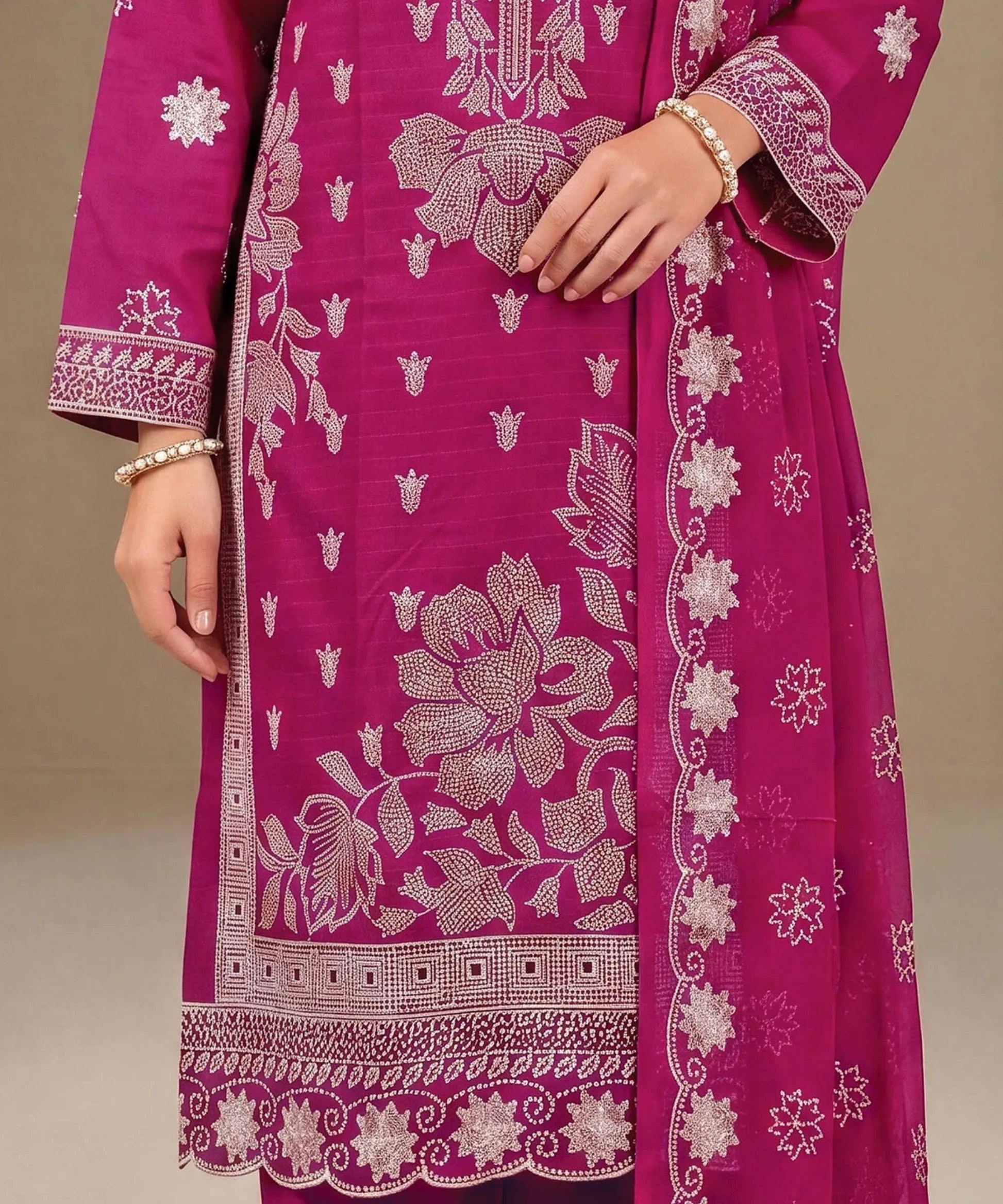 Magenta Embroidered Unstitched Suit Embroidery Detail