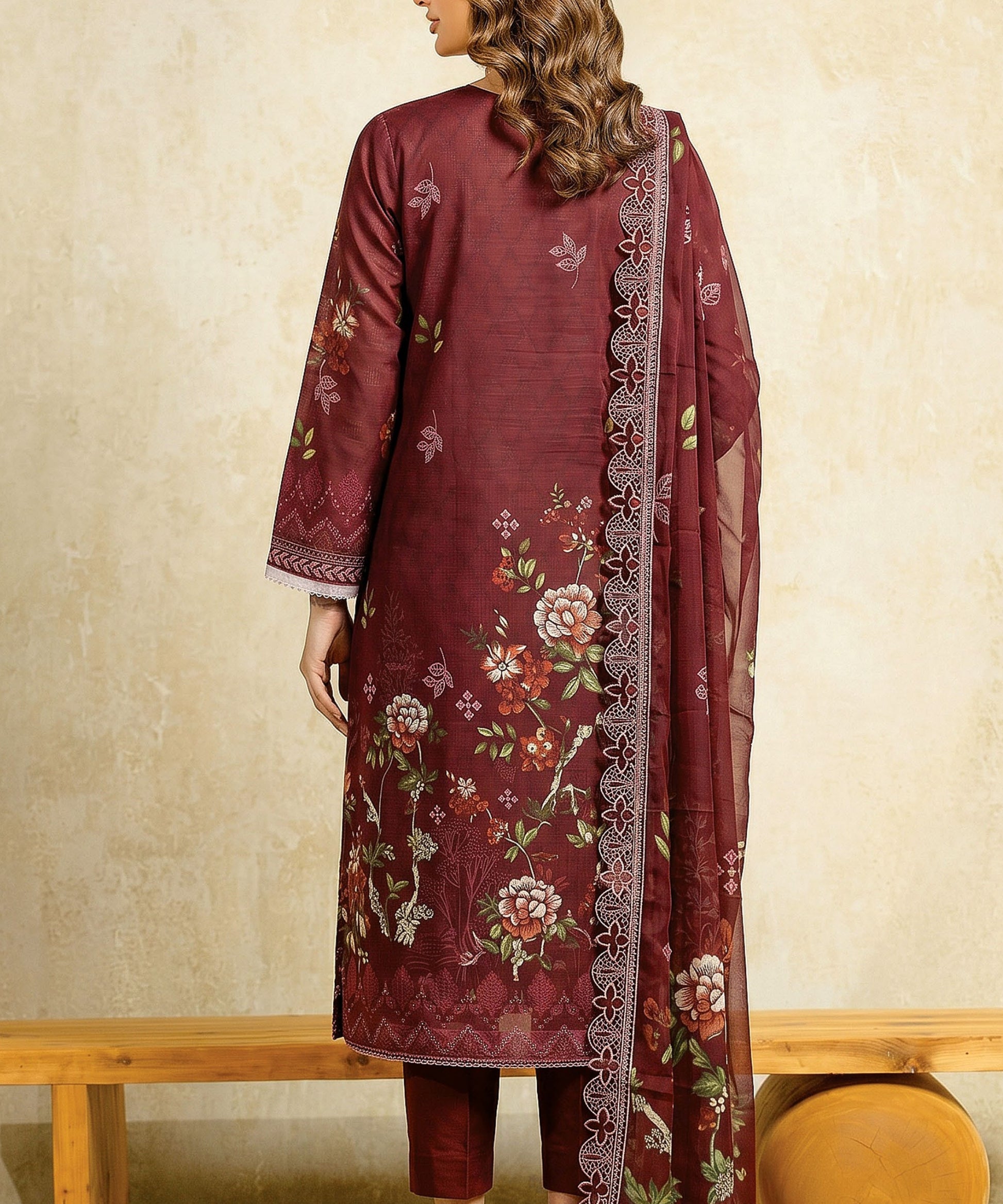 Maroon Embroidered Unstitched Suit Back Design