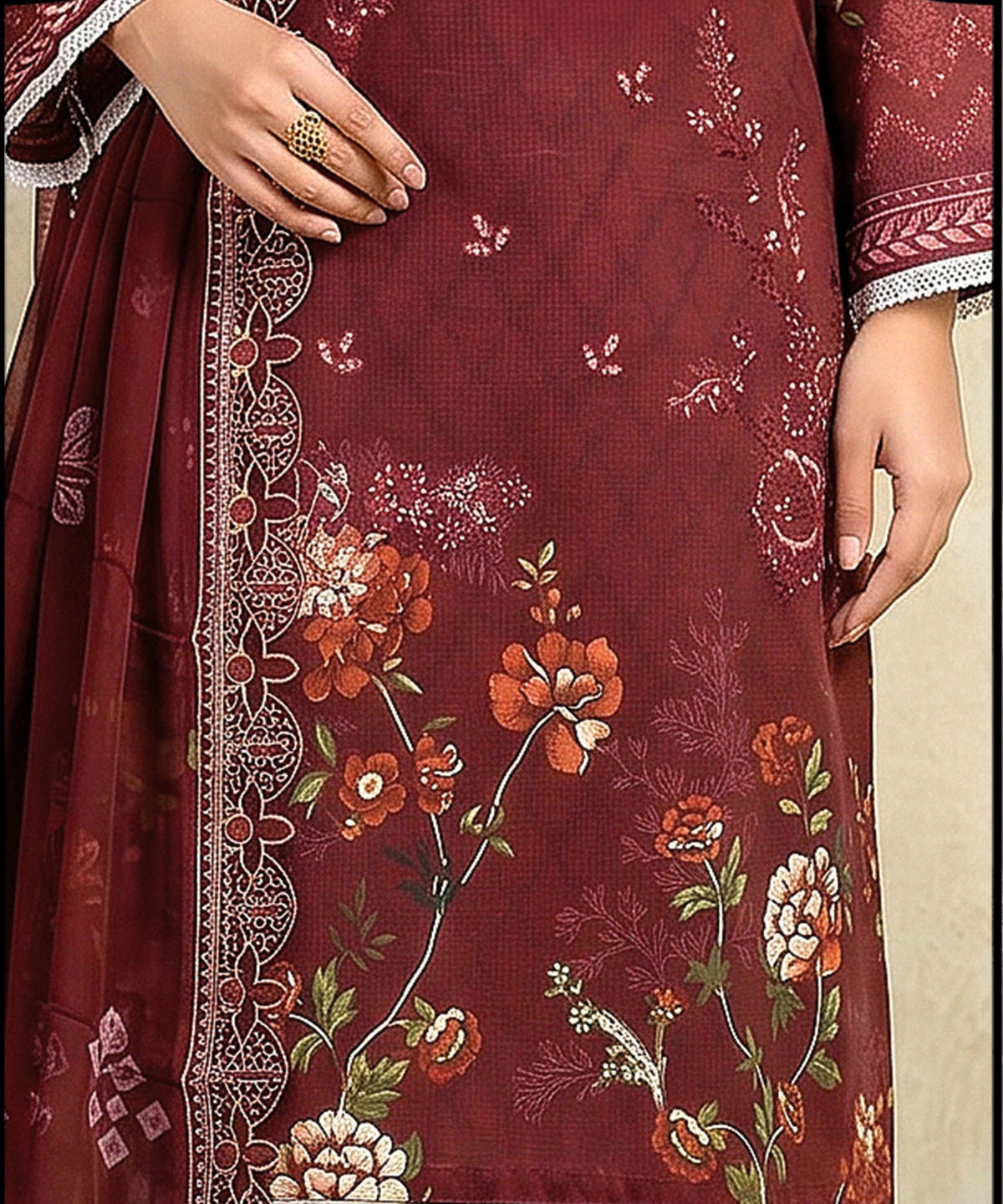 Maroon Embroidered Unstitched Suit Embroidery Detail