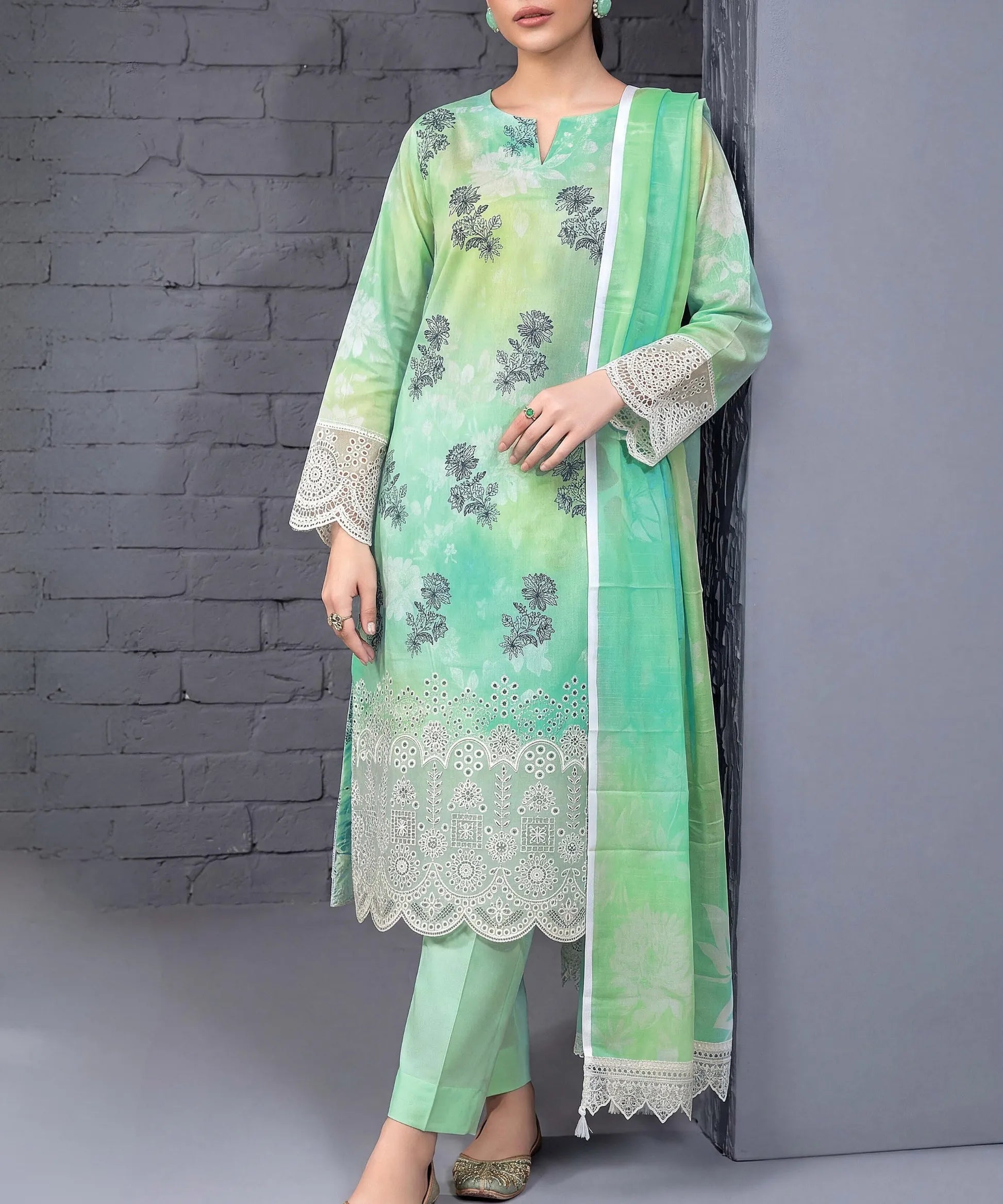 Mint Green Embroidered 3 Piece Suit Full View