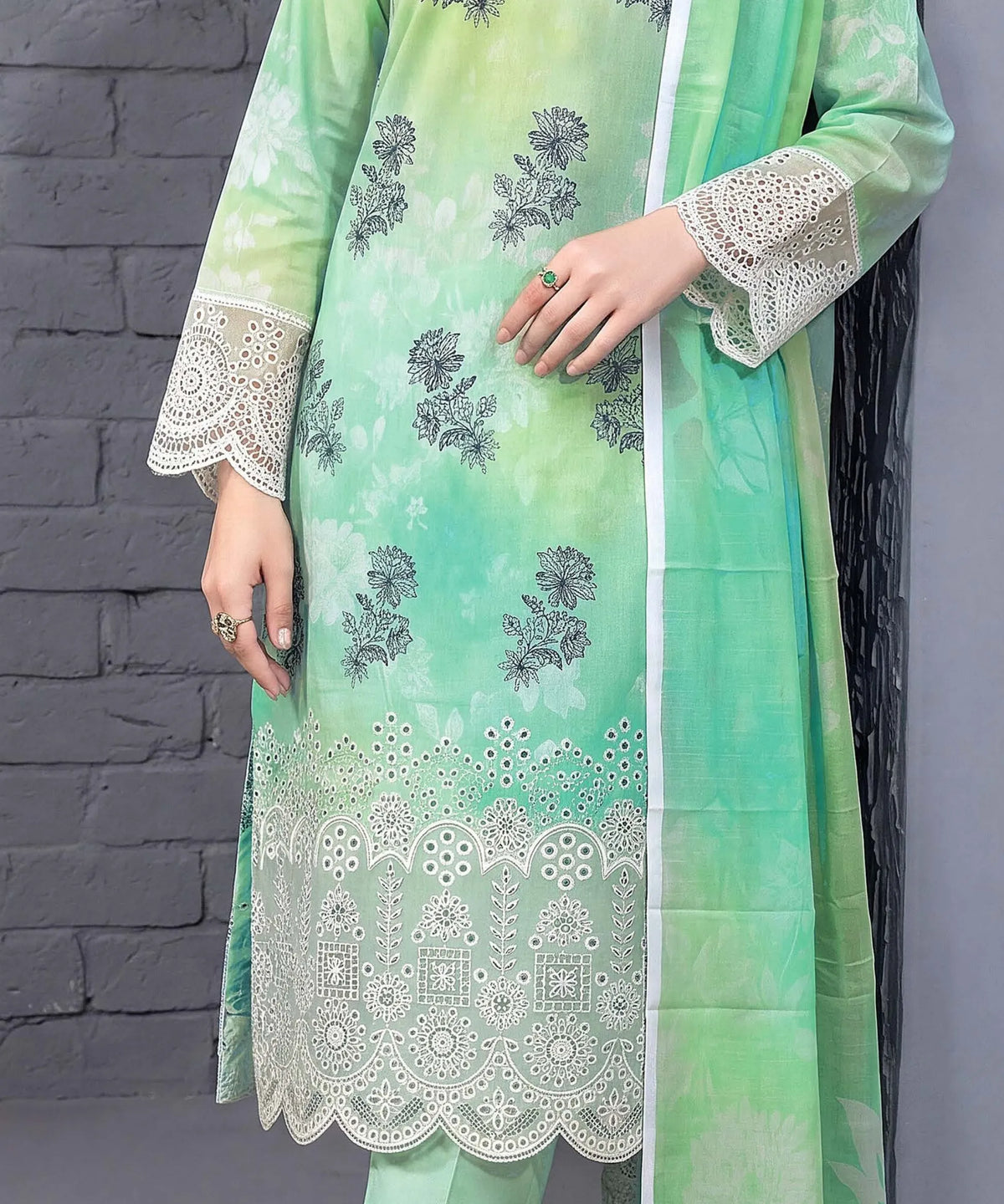 Mint Green Embroidered Unstitched Suit Embroidery Detail