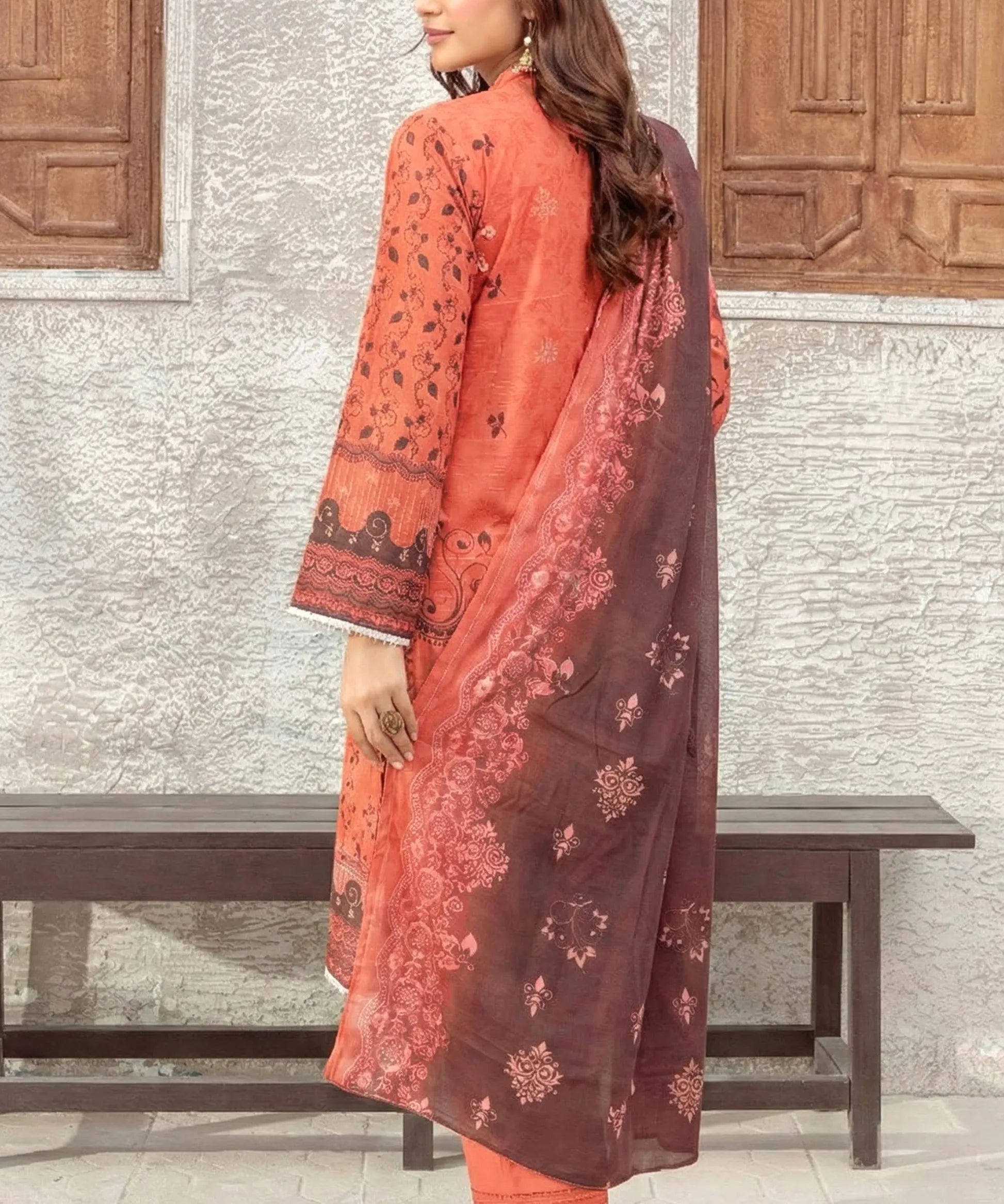 Multi Color Unstitched 3PC Suit Shirt Back View