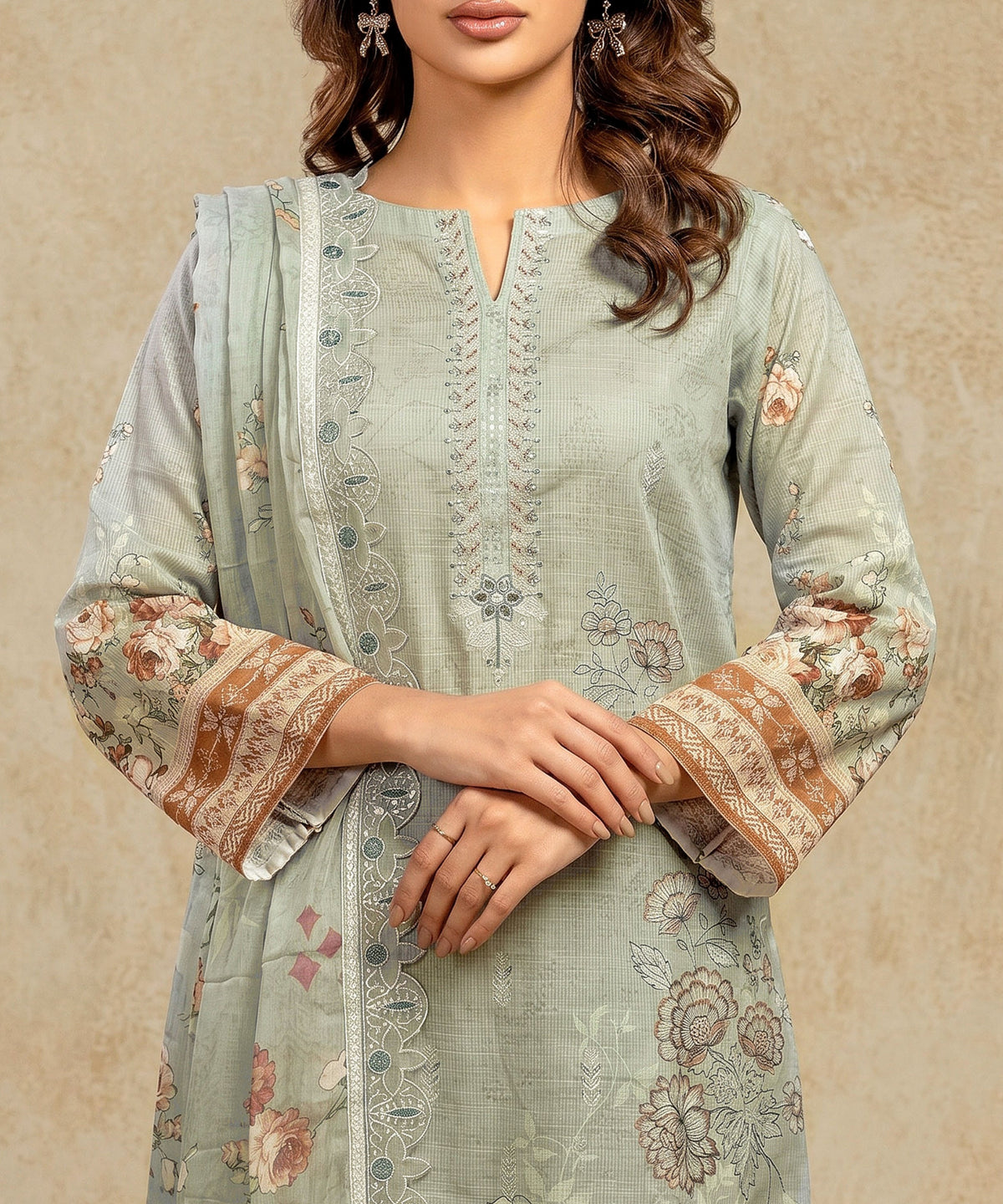 Olive Green Embroidered Unstitched Suit Embroidery Detail