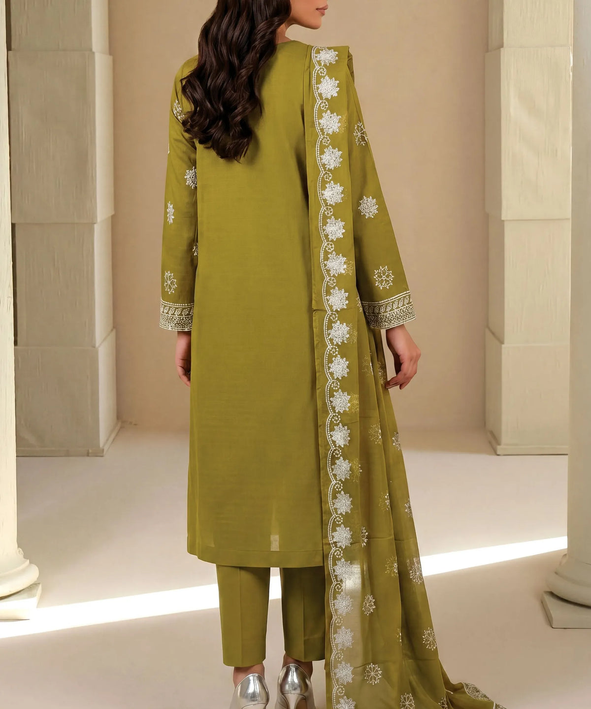 Olive Embroidered Unstitched Suit Back Design