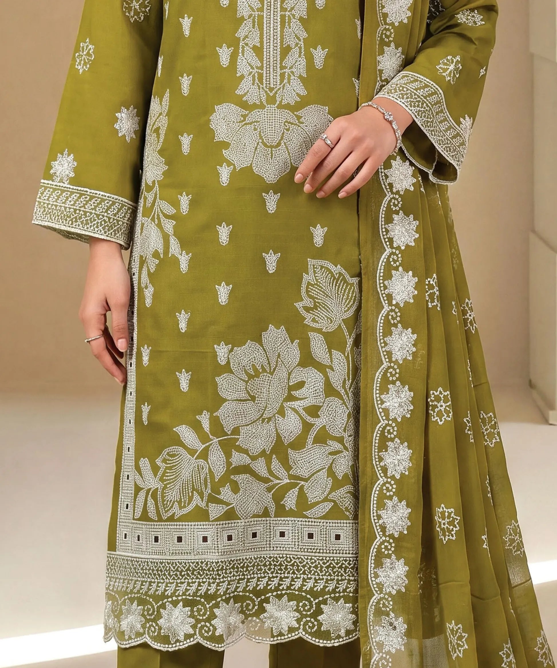 Olive Embroidered Unstitched Suit Embroidery Detail