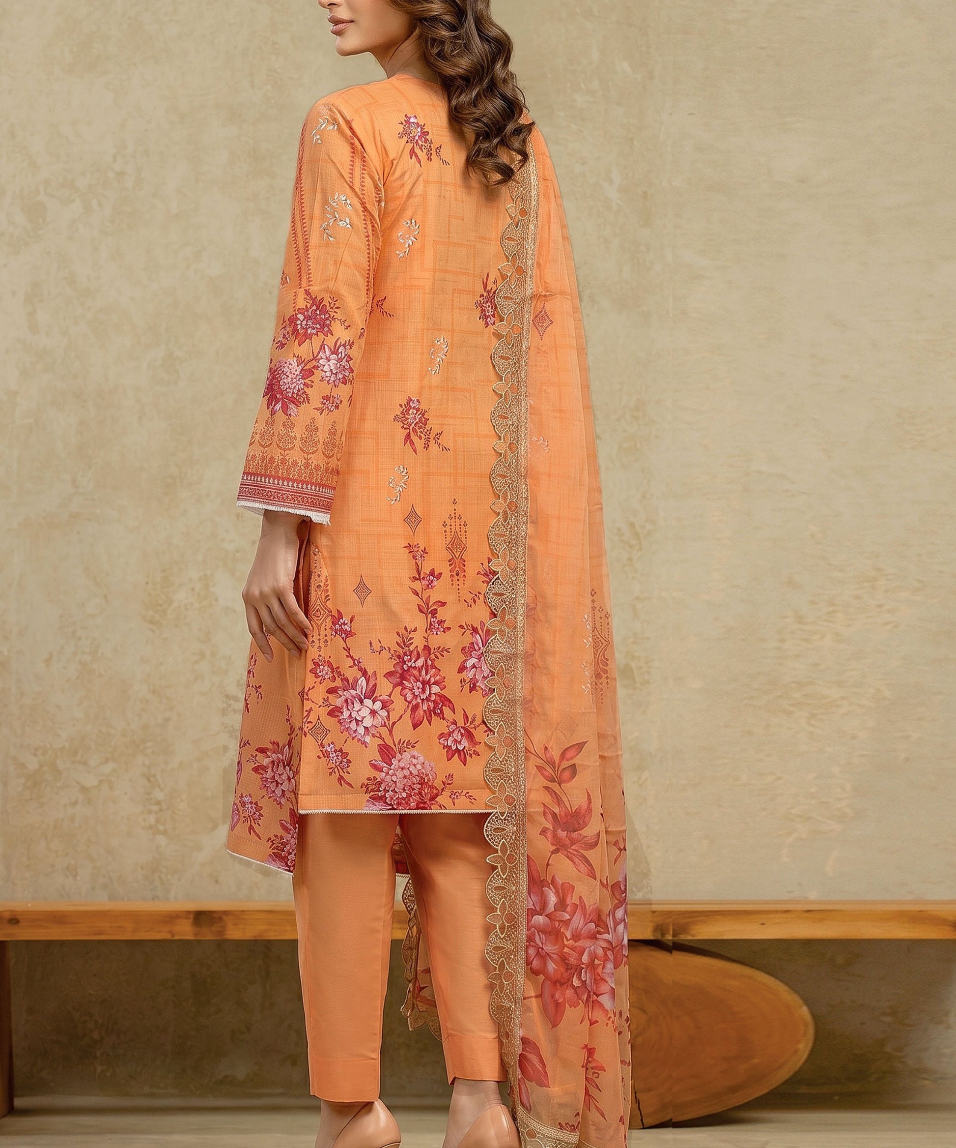 Orange Embroidered Unstitched Suit Back Design