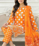 Orange Embroidered Unstitched 3PC Suit Sitting Pose