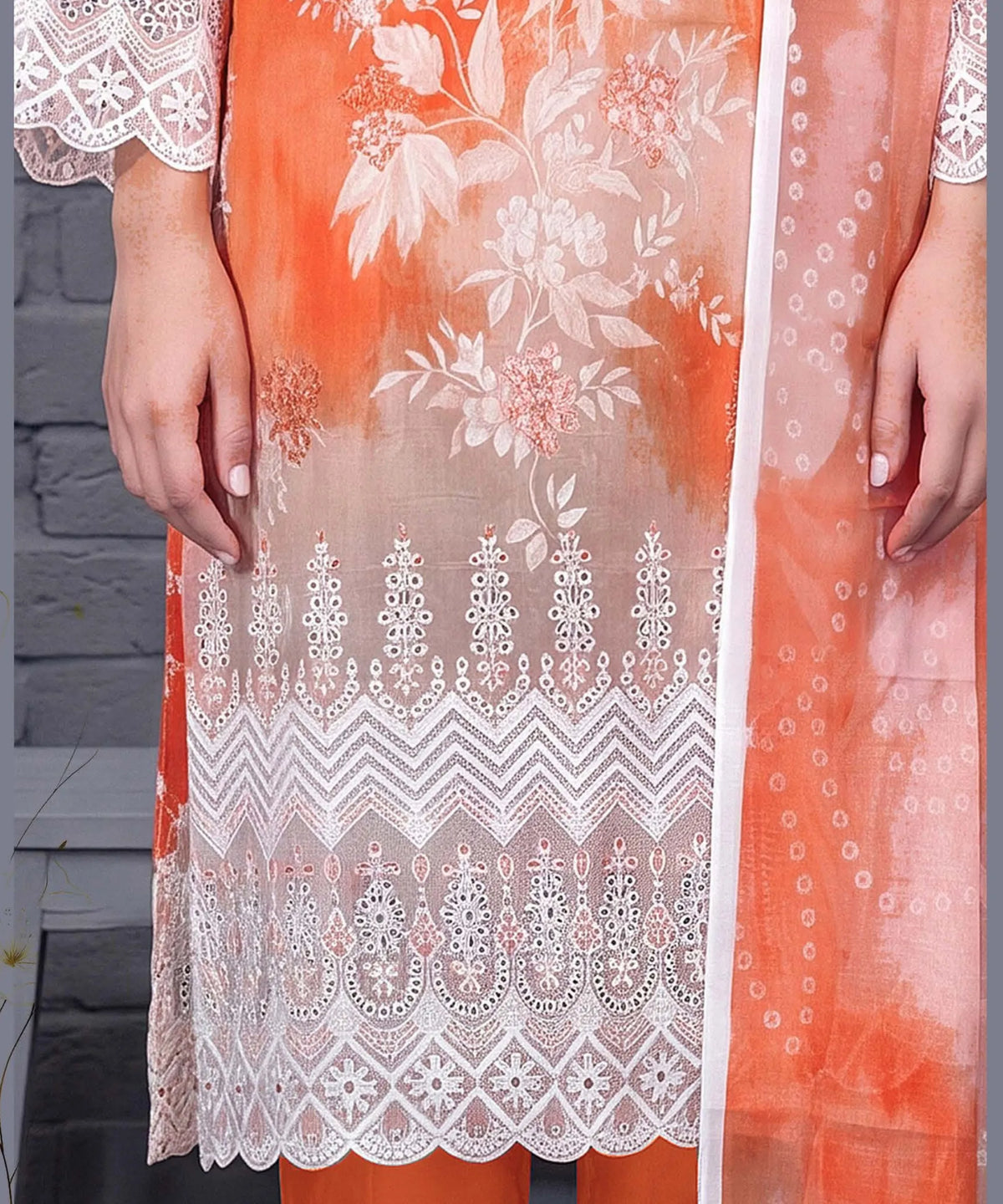 Orange Embroidered Unstitched Suit Embroidery Detail