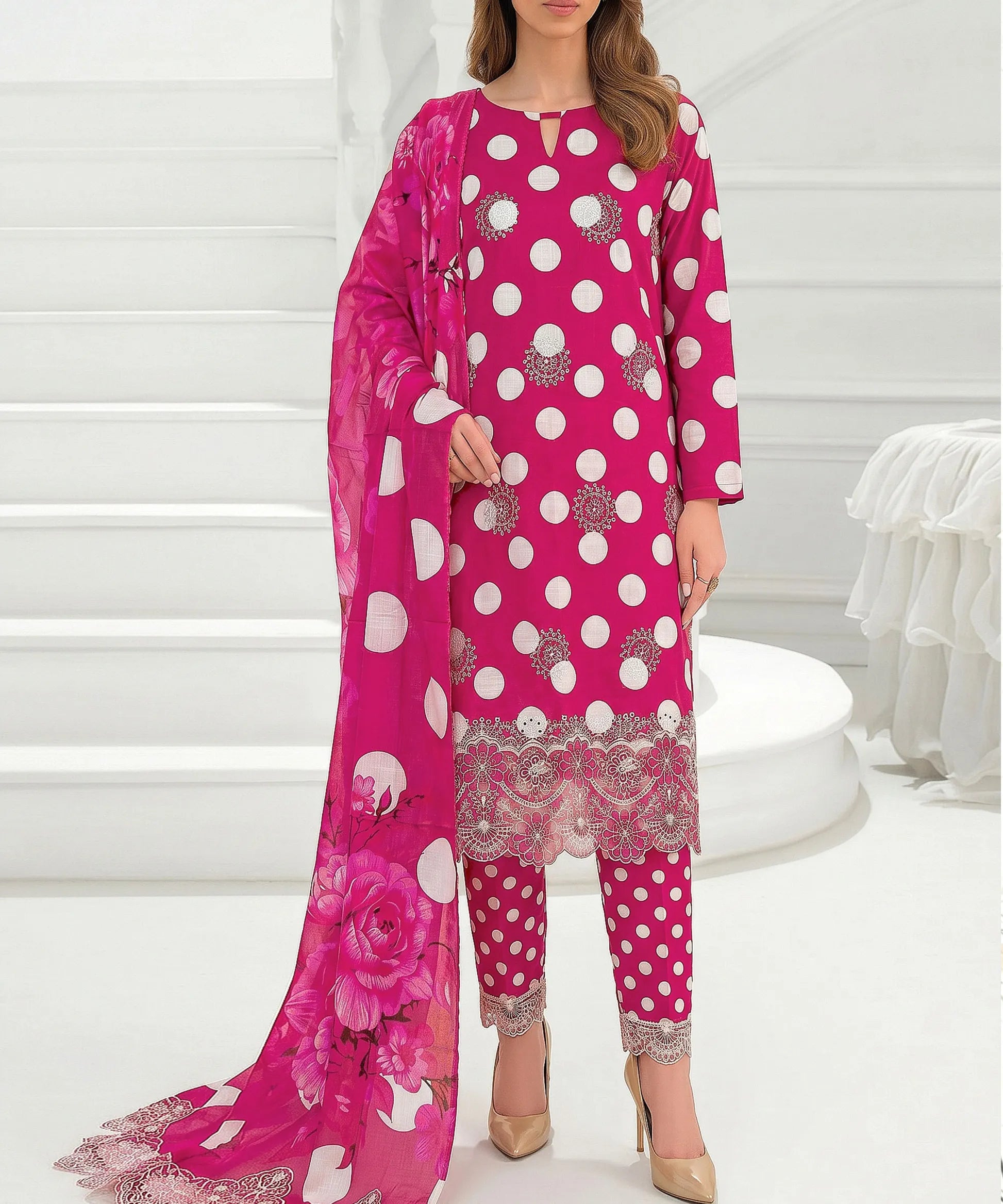 Pink Embroidered 3Piece Suit Full View