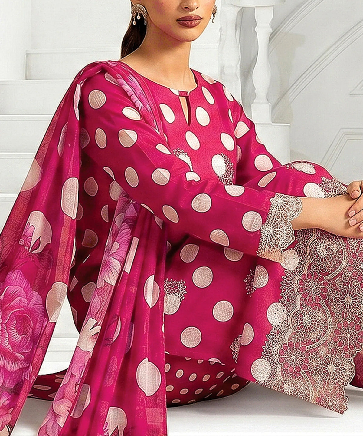 Pink Embroidered Unstitched 3PC Suit Sitting Pose